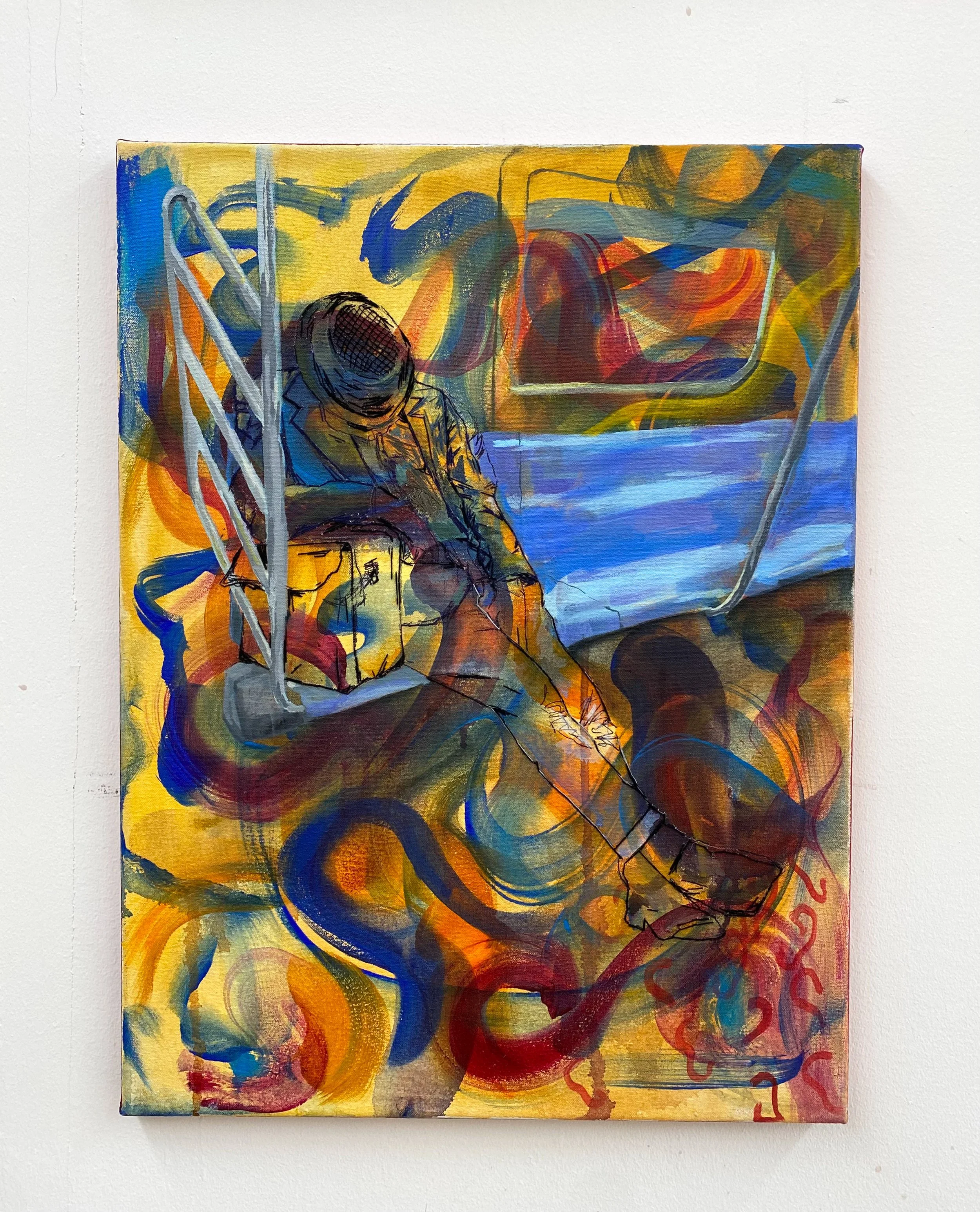 Tired Cat, acrylic and embroidery on canvas, 18in x 24in, 2023