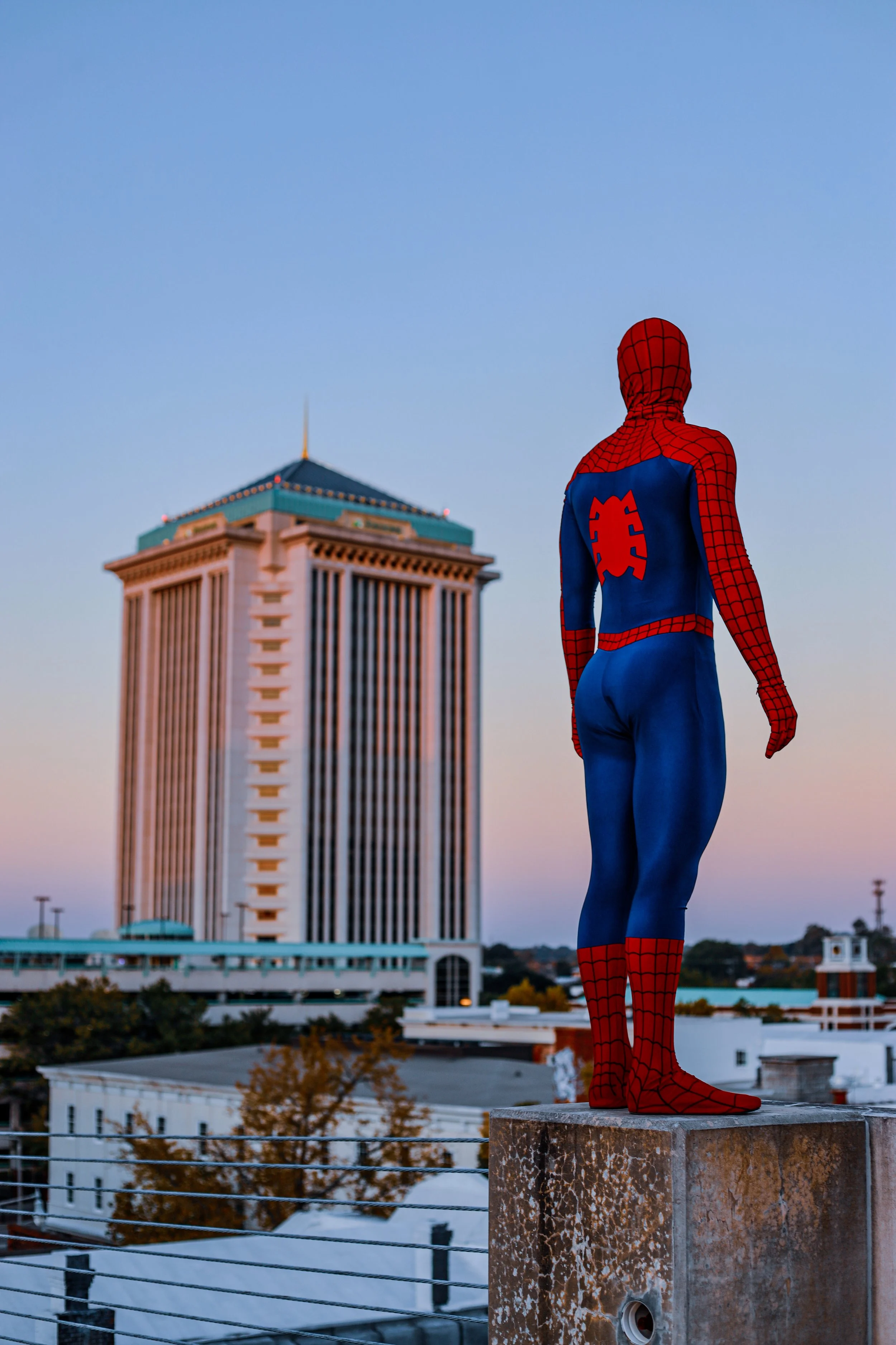 Person in a Spider-Man costume standing on a rooftop overlooking a city skyline.