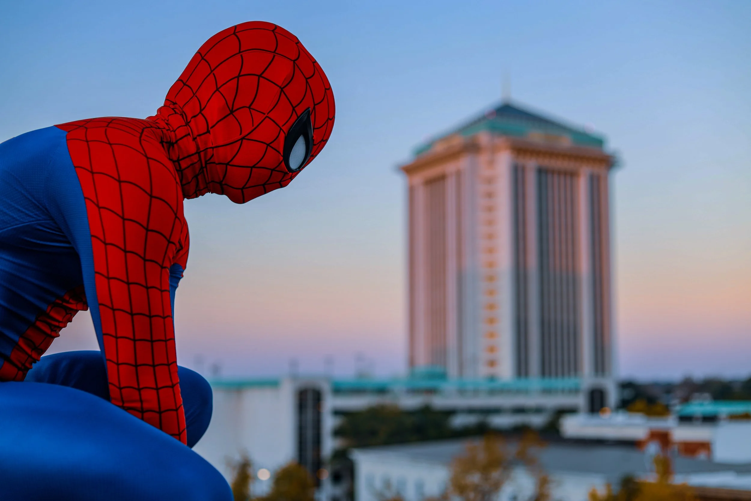 Person in a Spider-Man costume crouching in front of a blurred domed government building