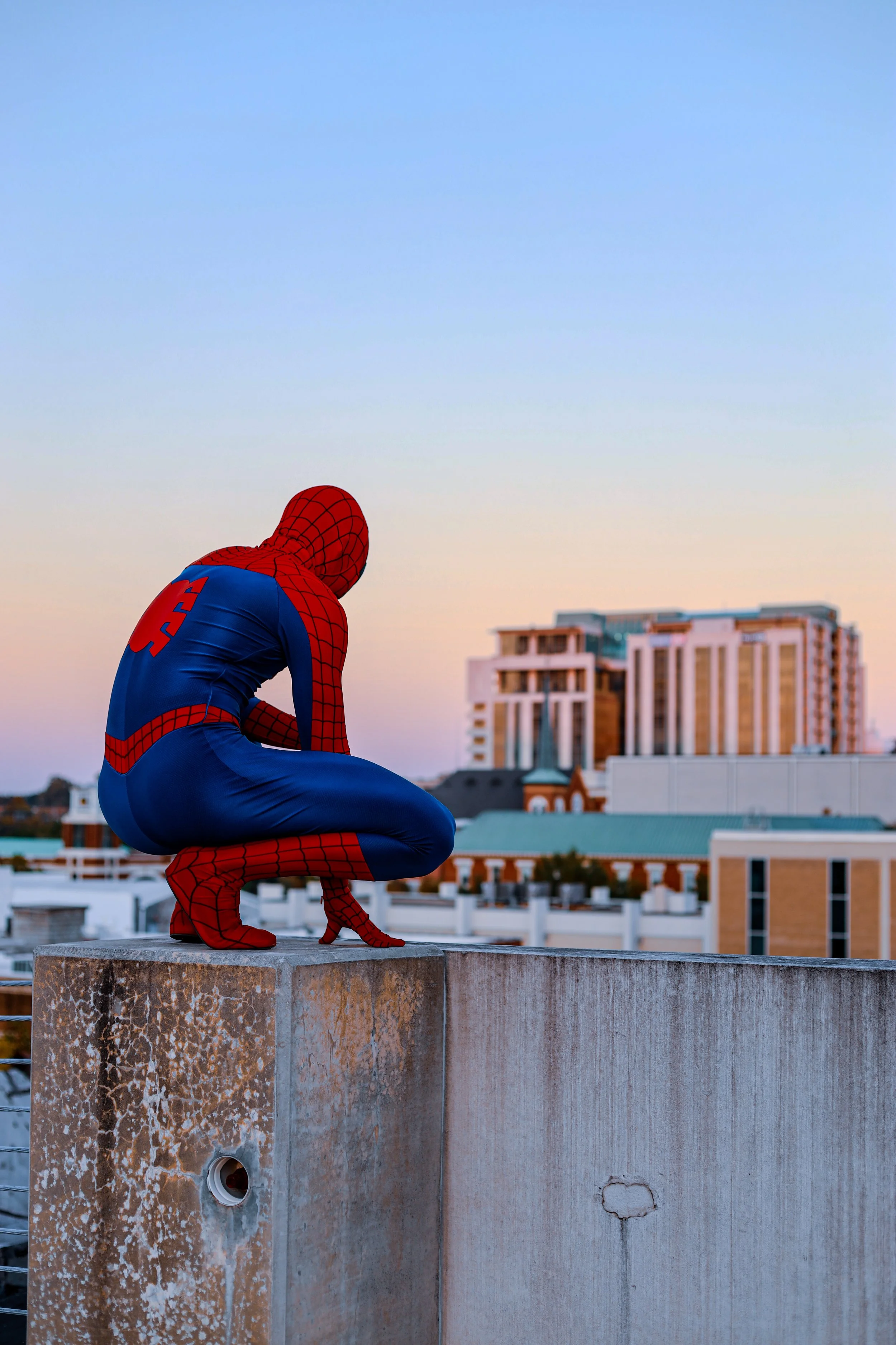 Spider-Man in a crouched pose on a rooftop overlooking city buildings at sunset