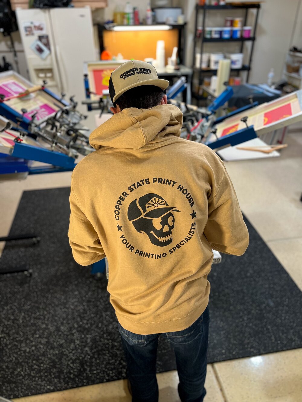 Skull Logo Hoodie — Copper and Printing State in House Arizona Embroidery Screen Print 