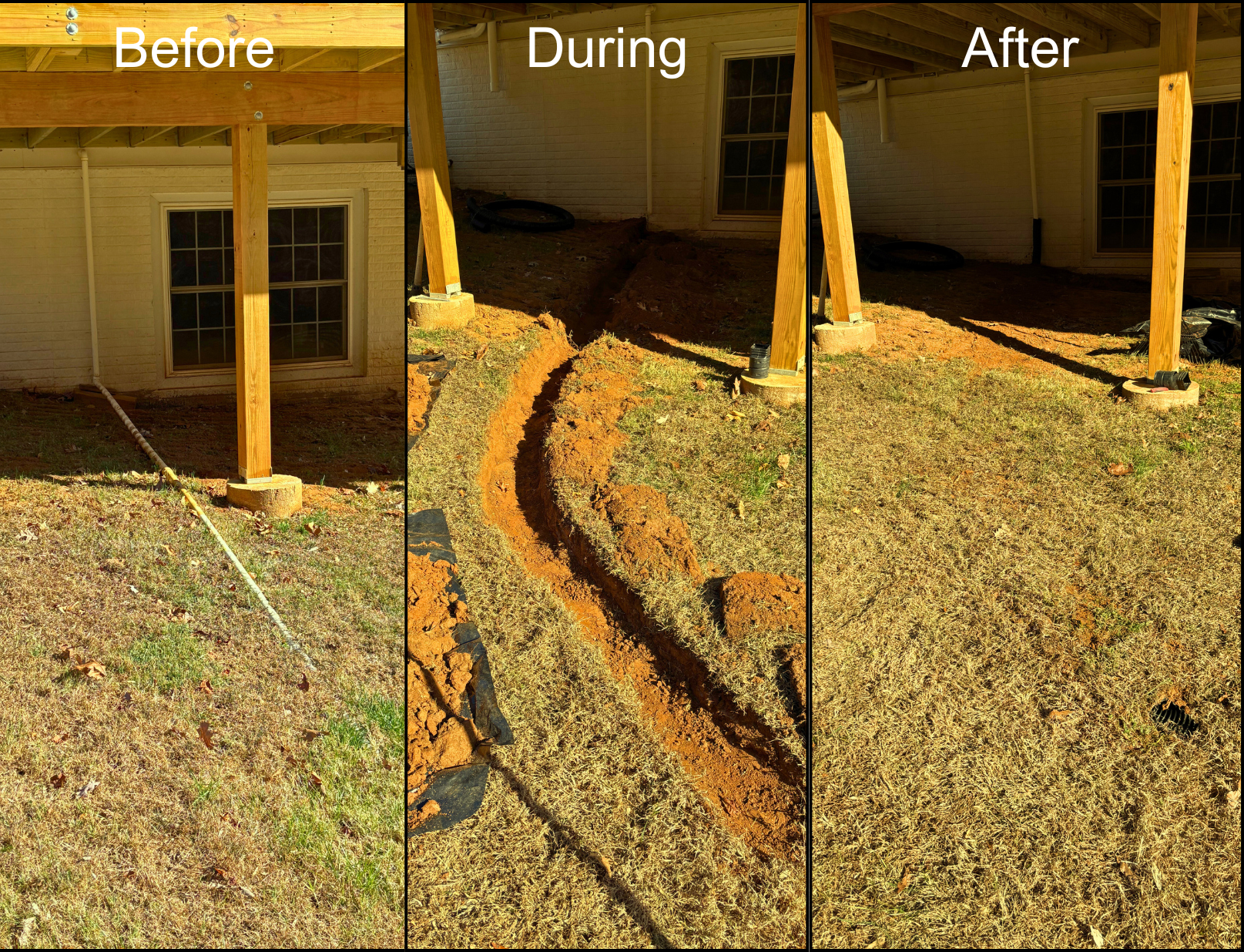 Home drainage installation under deck on slope