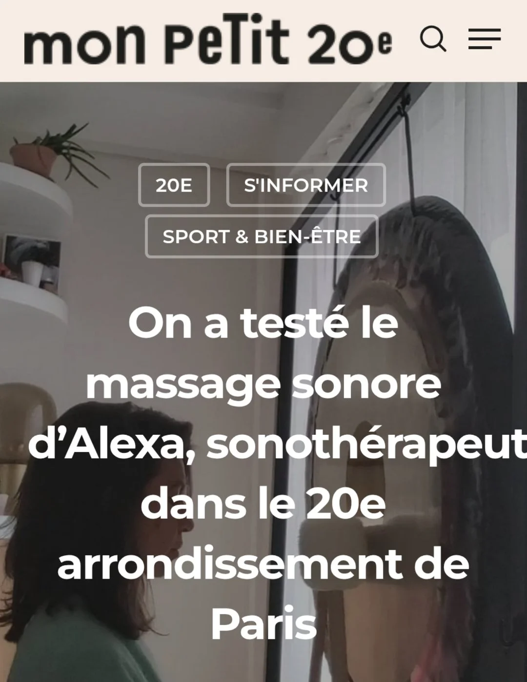 Capture d'écran d'un site web intitulé 'mon PEtIt 20e' annonçant un test de massage sonore d'Alexa, un sonothérapeute dans le 20e arrondissement de Paris.