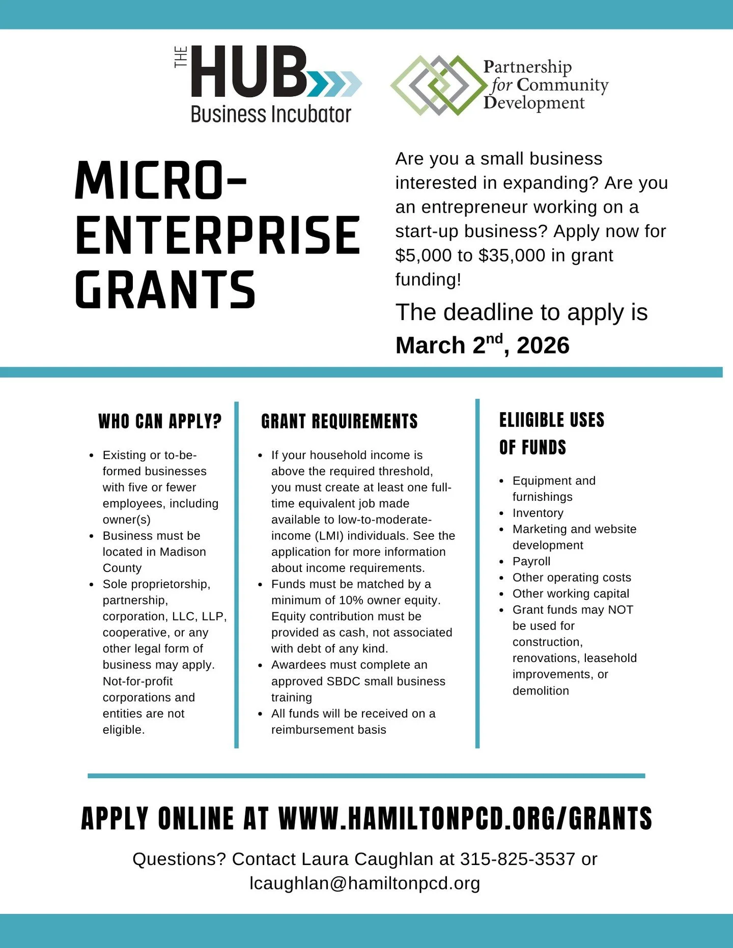 Madison County businesses with five or fewer employees can now apply for Microenterprise grant funding! Existing and new businesses are encouraged to apply.

The application is live at www.hamiltonpcd.org/grants until March 2nd.