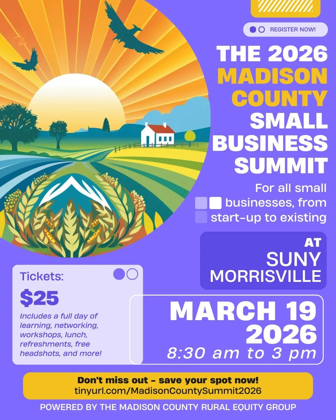 Announcing the 2026 Madison County Small Business Summit

📅 March 19, 2026 | ⏰ 8:30 AM&ndash;2:15 PM
📍 Charlton Hall, SUNY Morrisville

Whether you&rsquo;re established, just starting out, or exploring the leap into business, this summit is for you