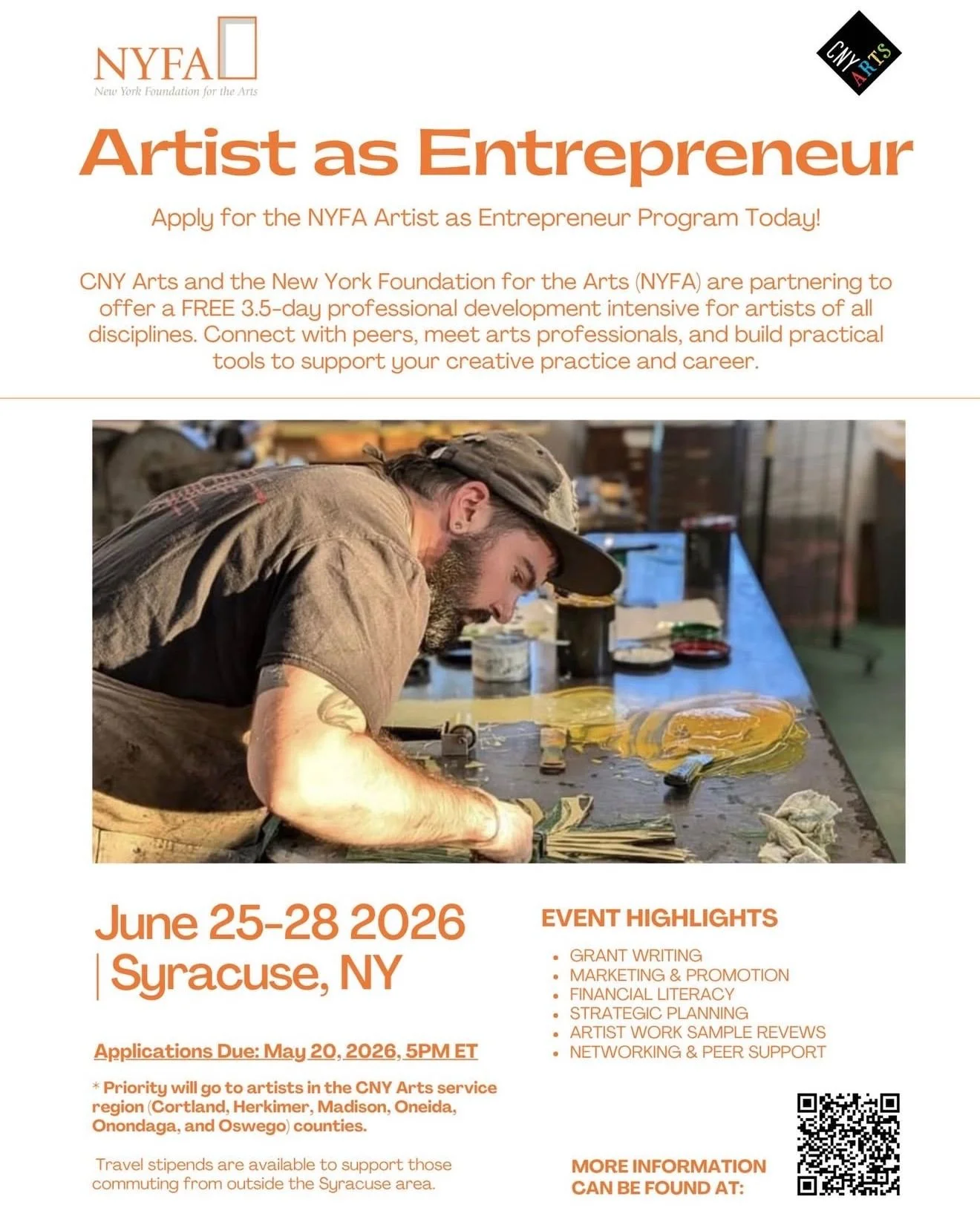 There is still time to submit an application for the NYSCA/NYFA Artist as Entrepreneur Program! 

Applications close May 20th. 

June 25-28, 2026 in Syracuse (location TBA)

This is a FREE, in-person professional development opportunity for artists a