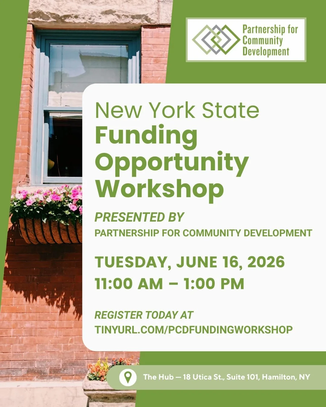 New York State Funding Opportunity Workshop
Presented by the @pcdhamiltonny 

Tuesday, June 16, 2026
11 am &ndash; 1 pm 
The Hub at 18 Utica St., Suite 101, Hamilton, NY

Join us for refreshments and an informative session with a representative from 