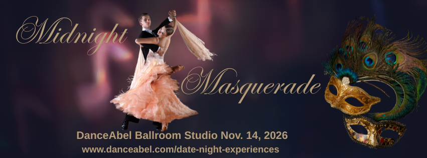 A dancing couple performing a tango or ballroom dance on stage with a dark backdrop, with a golden costume mask decorated with peacock feathers to the right, and the text "Midnight Masquerade," along with event details for a dance event on November 14, 2026.