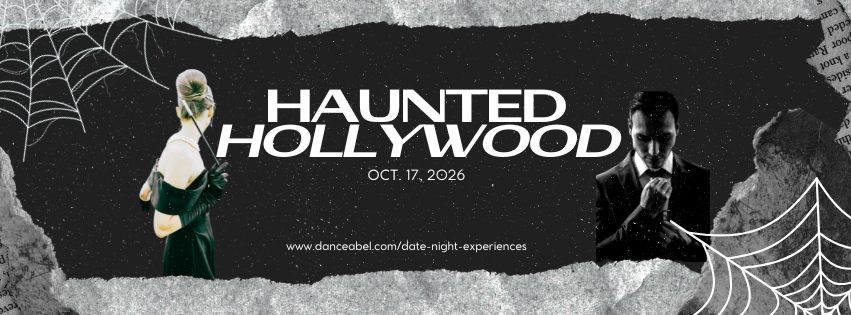 Event poster for 'Haunted Hollywood' on October 17, 2026, featuring a woman in a green dress and gloves holding a clutch, and a man in a suit with hands clasped, with spiderweb graphics.