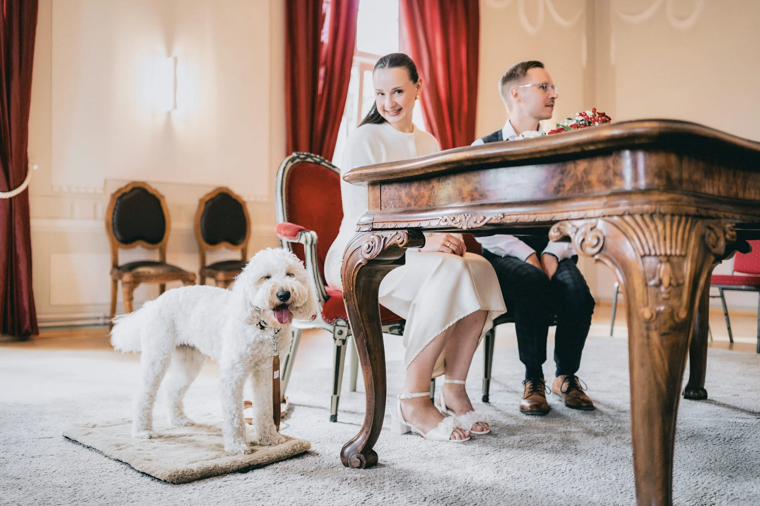 Ein Hund steht auf einem weißen Teppich vor einem alten Holztisch, während ein Mann und eine Frau an einem festlich gedeckten Tisch sitzen. Im Hintergrund halb geöffneten roten Vorhängen im eleganten Raum.