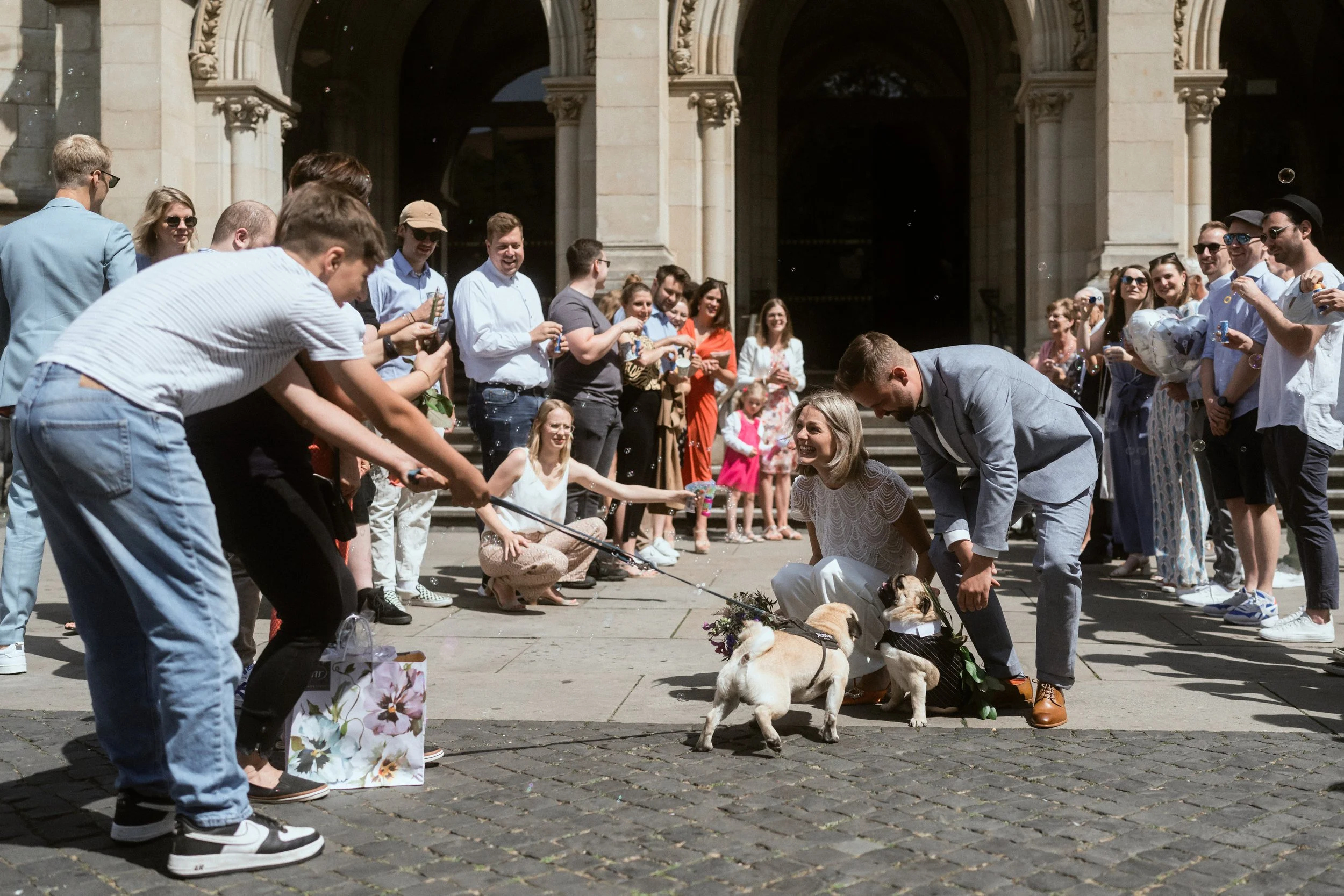 Menschen versammeln sich draußen vor einer alten Steintür, während sie einem Hundespiel mit Wasser zuschauen, umgeben von bunten Blumen und sonnigem Himmel.