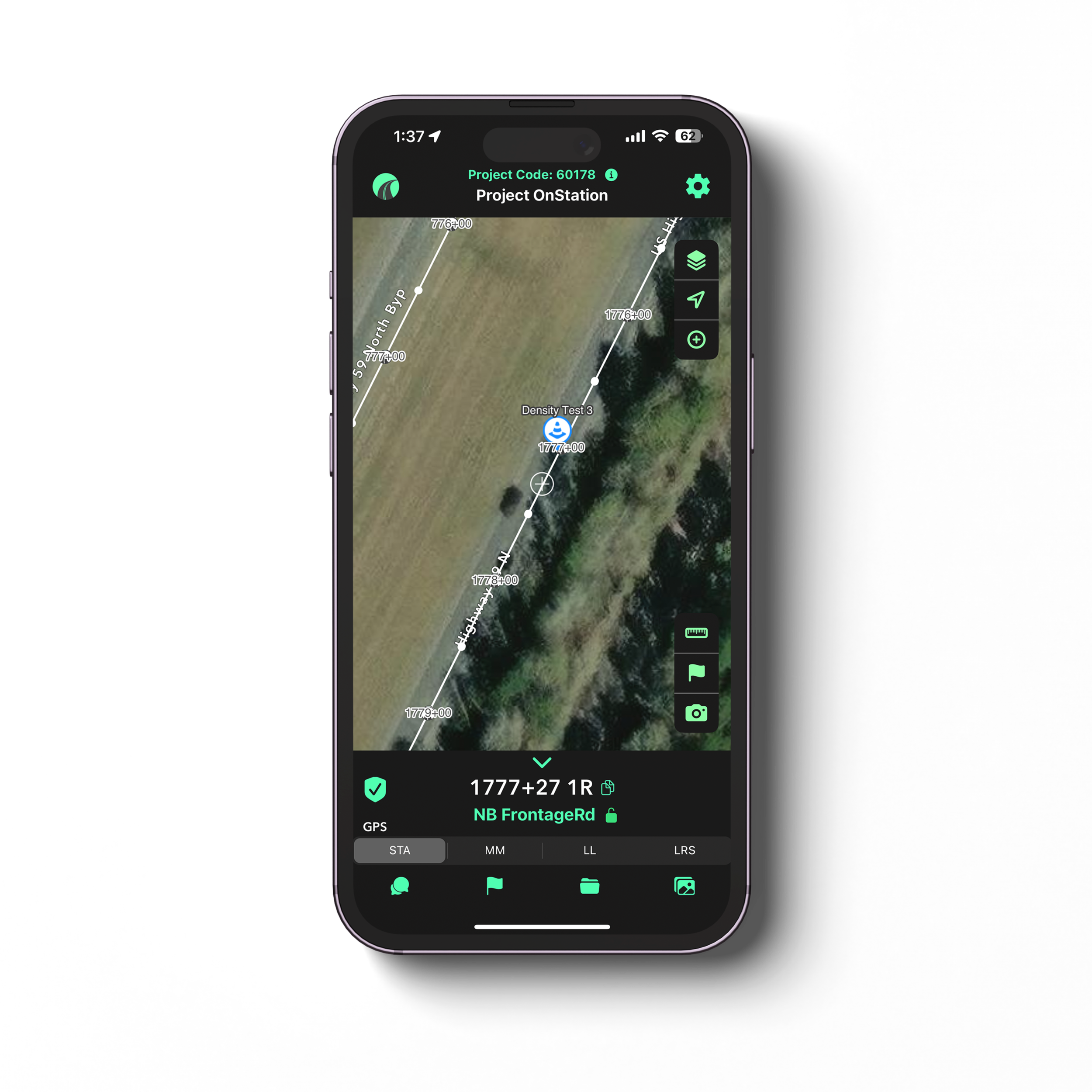 Live digital stationing on a phone, showing the alignment with stations, tick marks, and the user's live station and offset readout