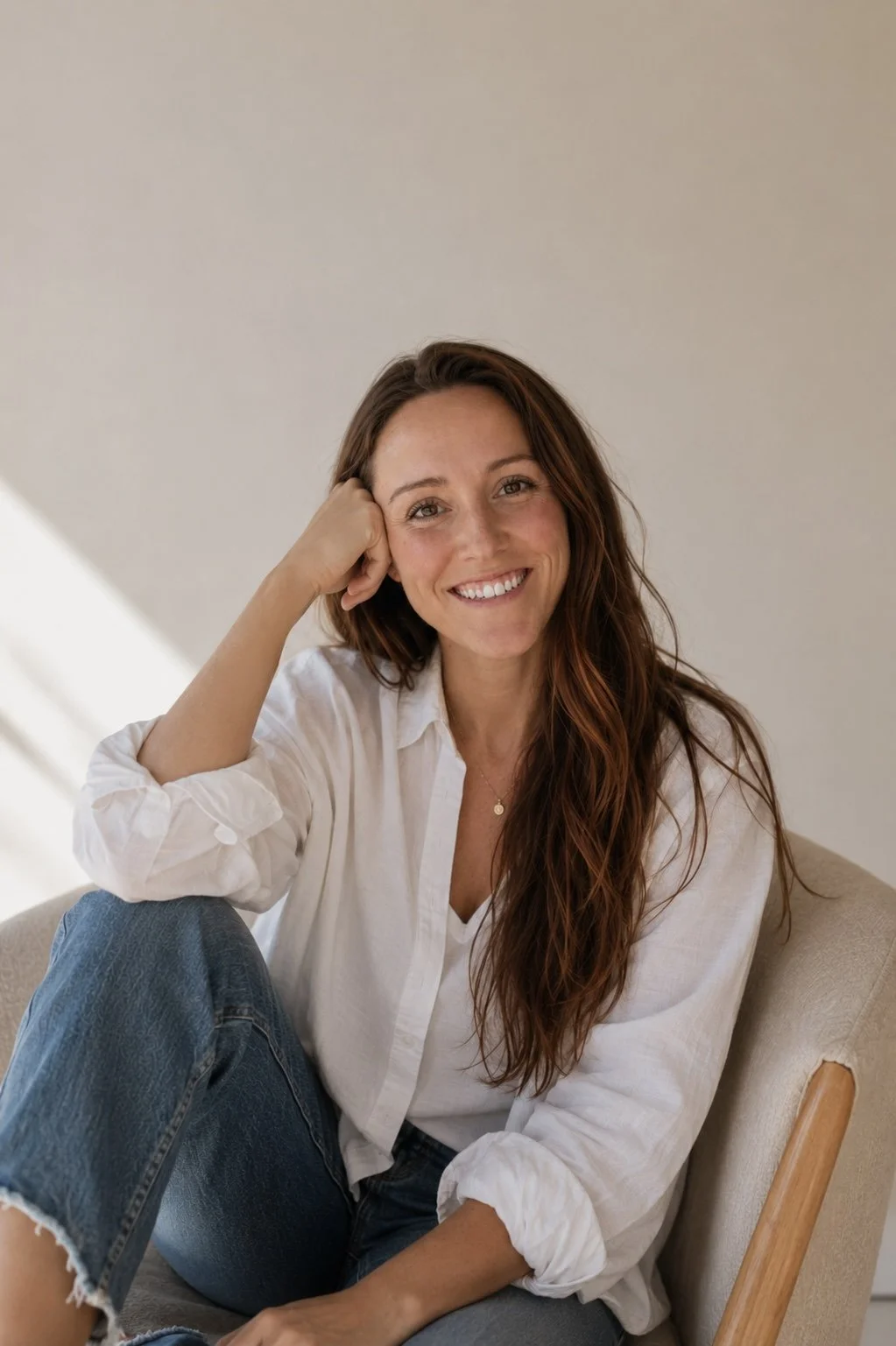 A woman with long wavy red hair sitting on a beige chair, wearing a white shirt and blue jeans, smiling at the camera with a relaxed pose.