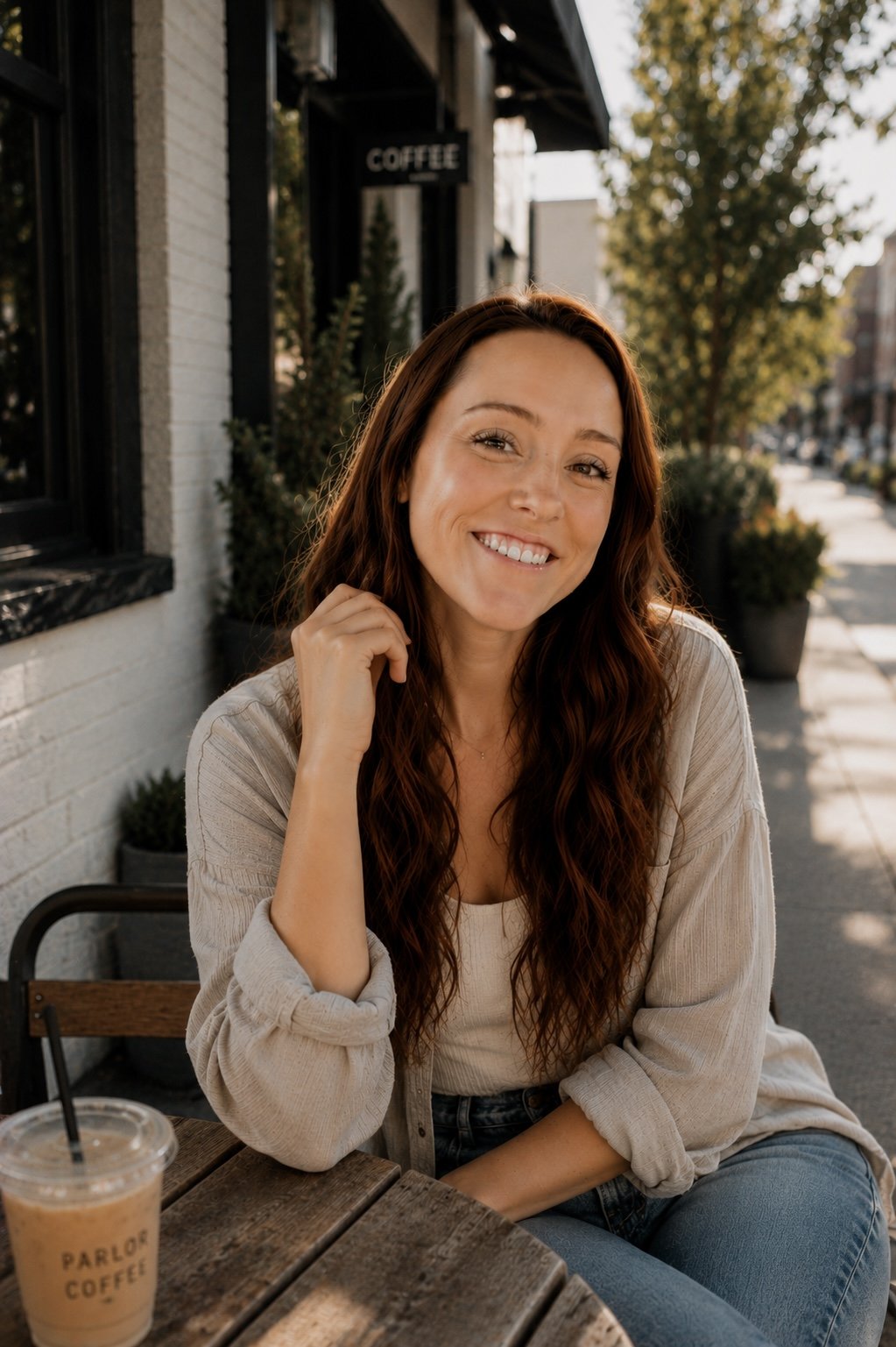 A smiling woman with long, wavy auburn hair sitting outside at a coffee shop. She is wearing a beige jacket and a white top, with a coffee drink on the wooden table in front of her. The background shows a street scene with trees and buildings.