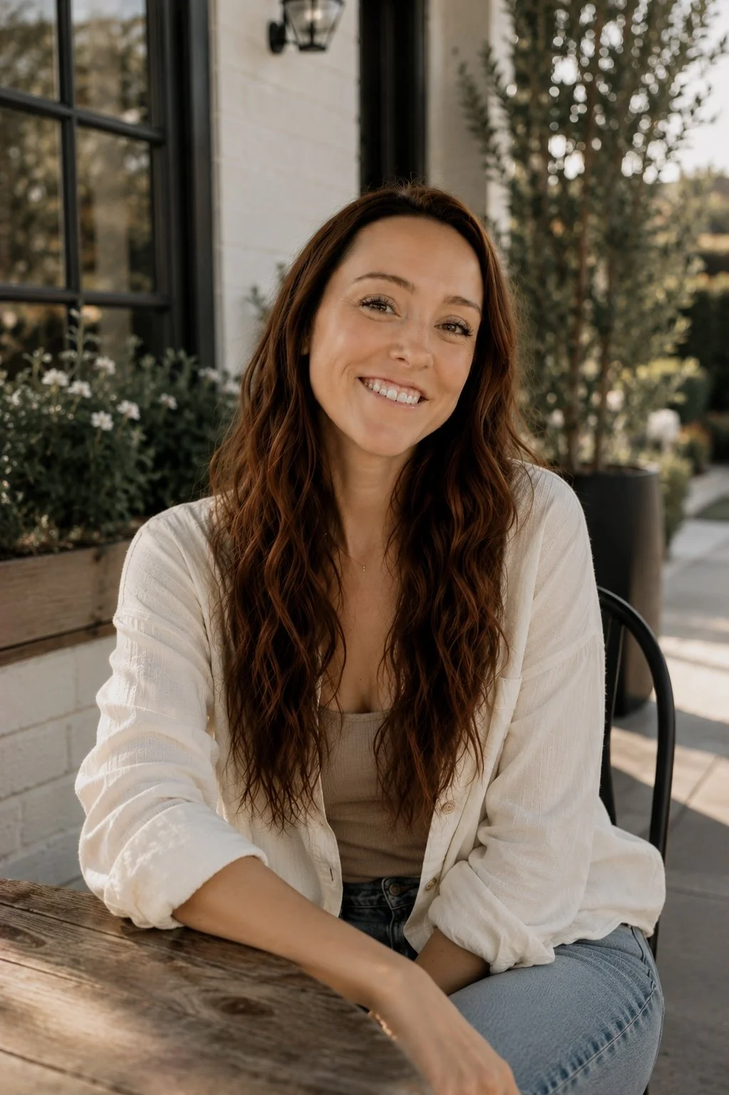 A woman with long curly brown hair smiling at the camera, sitting at a wooden table outdoors with plants and trees in the background.