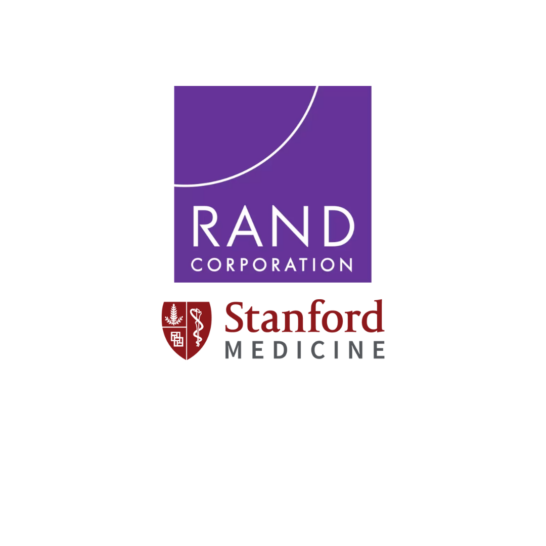 The image features the logo of RAND Corporation, a purple square with a white curved line, and the logo of Stanford Medicine, which includes a red shield with a tree, a snake, and a book, alongside the text "Stanford Medicine."