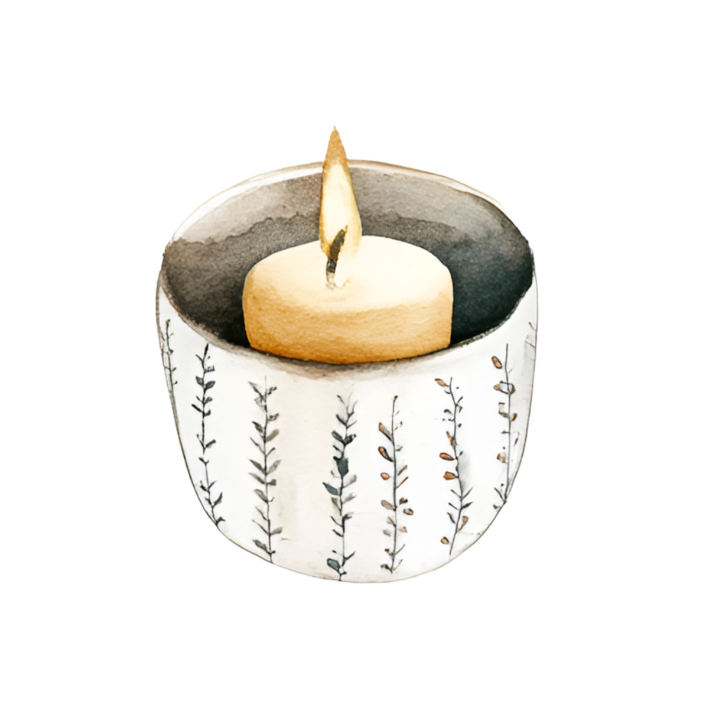 A candle with a single wick on top in a decorative holder with a black and white plant pattern.