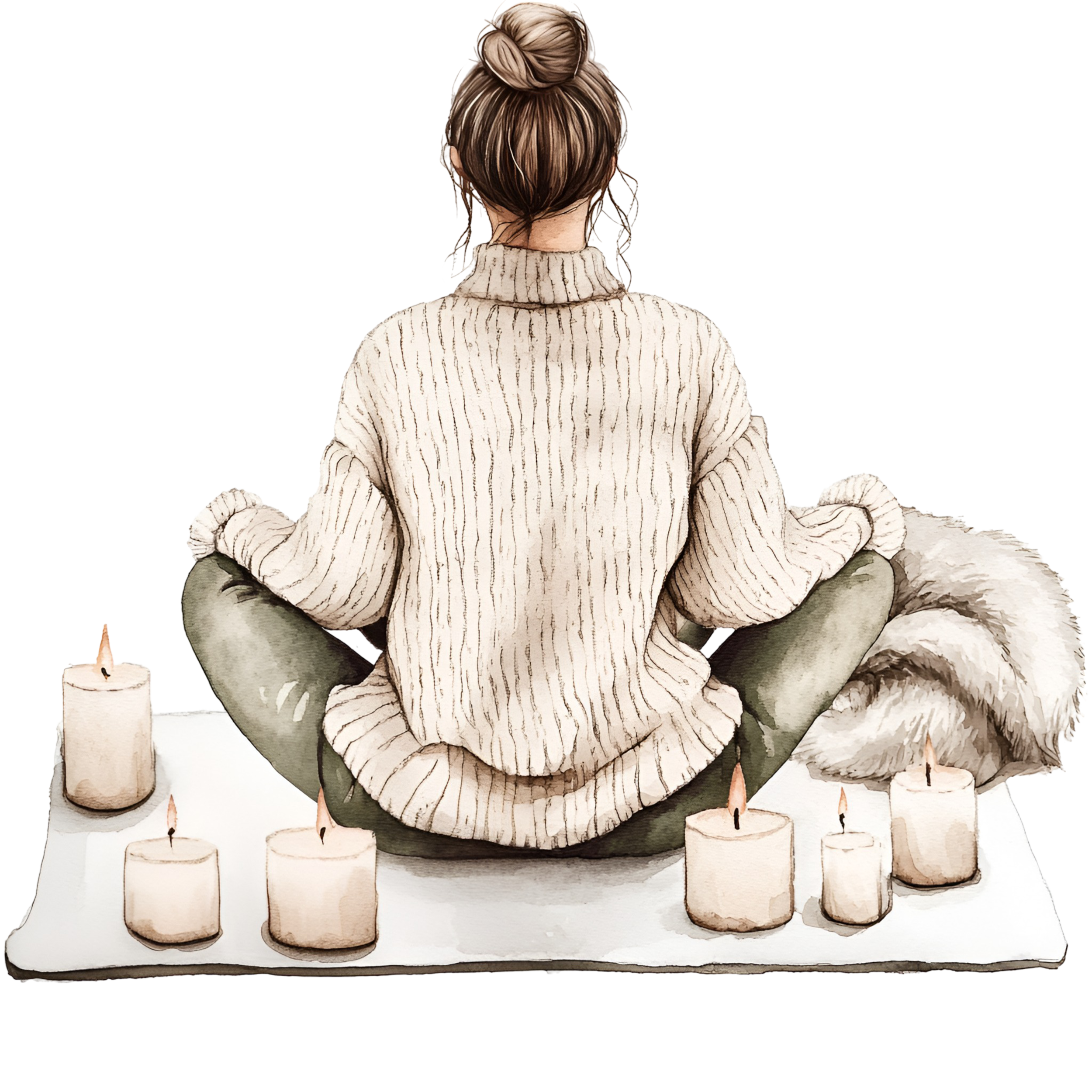 A person with hair in a bun, wearing a cream-colored sweater, sitting cross-legged on a white mat surrounded by lit candles, with a fluffy gray and white blanket inside.