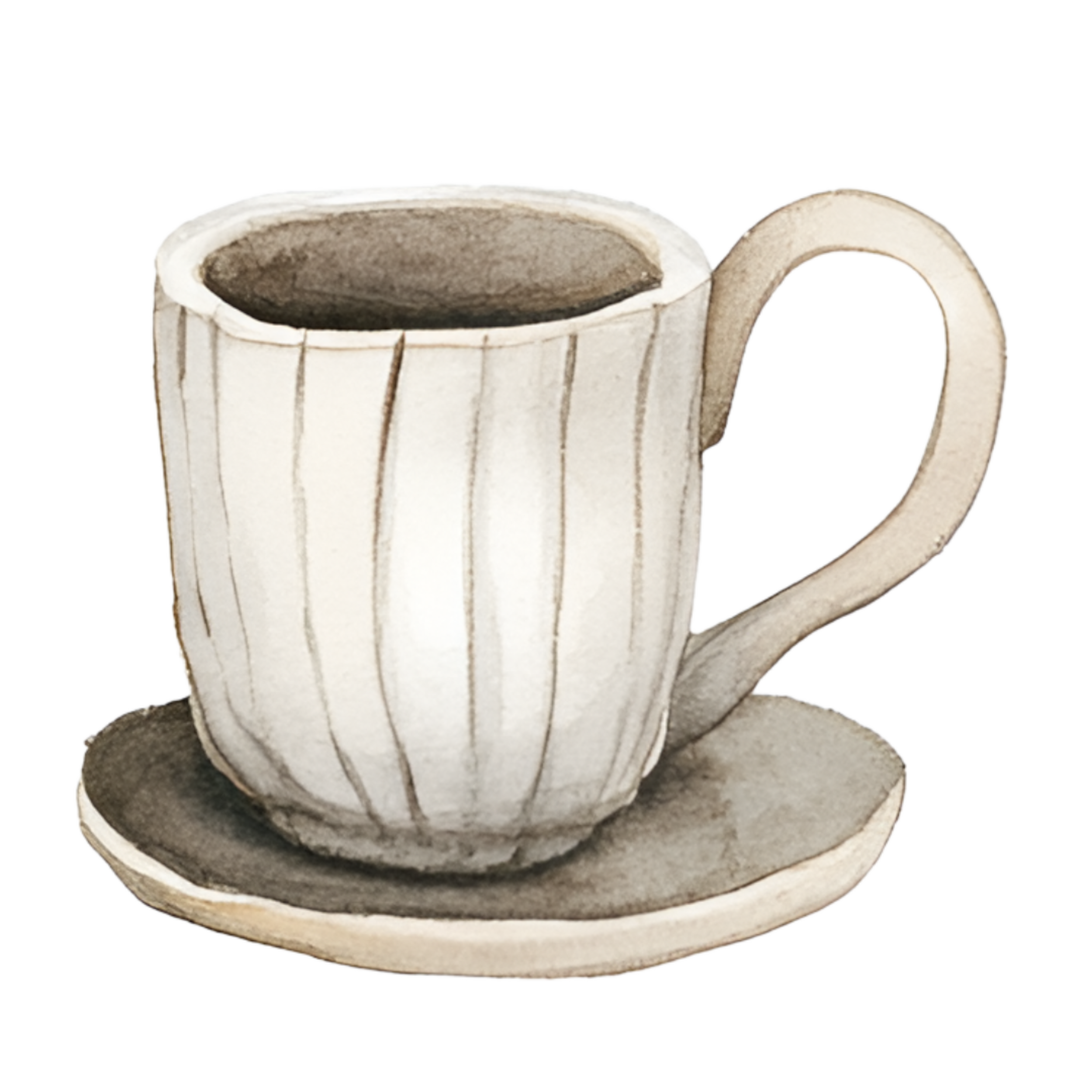 A ceramic coffee mug with vertical brown lines, sitting on a matching saucer.