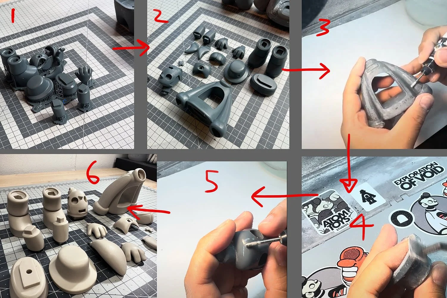 Hand-sanding and priming resin art toy parts, step by step