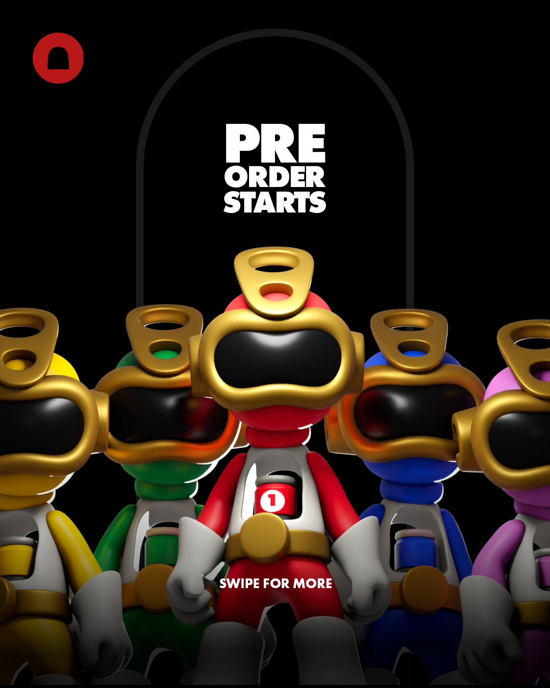 Soda Ranger designer art toy lineup in multiple colors with gold visor helmets, announcing pre order starts on a black background