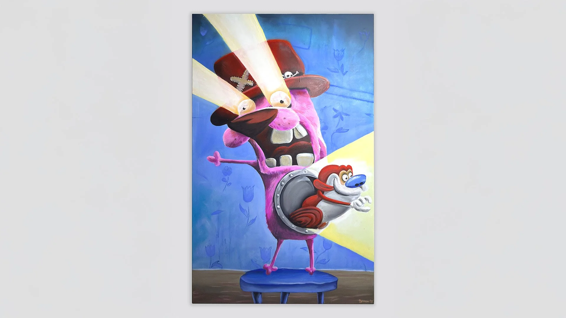 Framed surreal character artwork featuring a pink creature and a red figure beneath an umbrella.