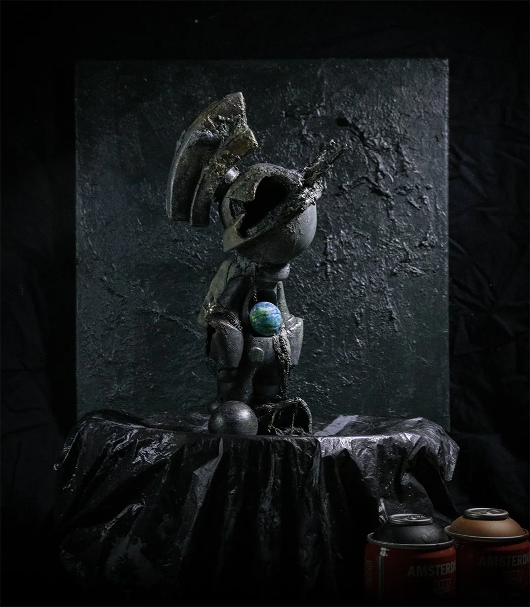 Liberty Lamenting the World art toy side profile with distressed textures and glowing Earth core centerpiece.