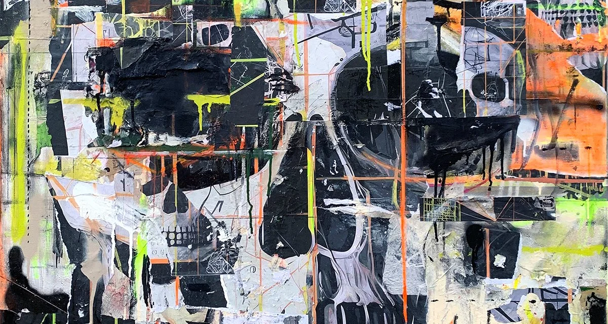 Abstract graffiti art with black, white, orange, and neon green paint, featuring geometric shapes and splashes.