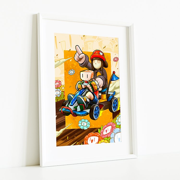 Framed 'Going Turbo' print by AlexTsai13, featuring Atom Toys Studios’ limited-edition Miss Bliss and Joy Boy. For contemporary art collectors.