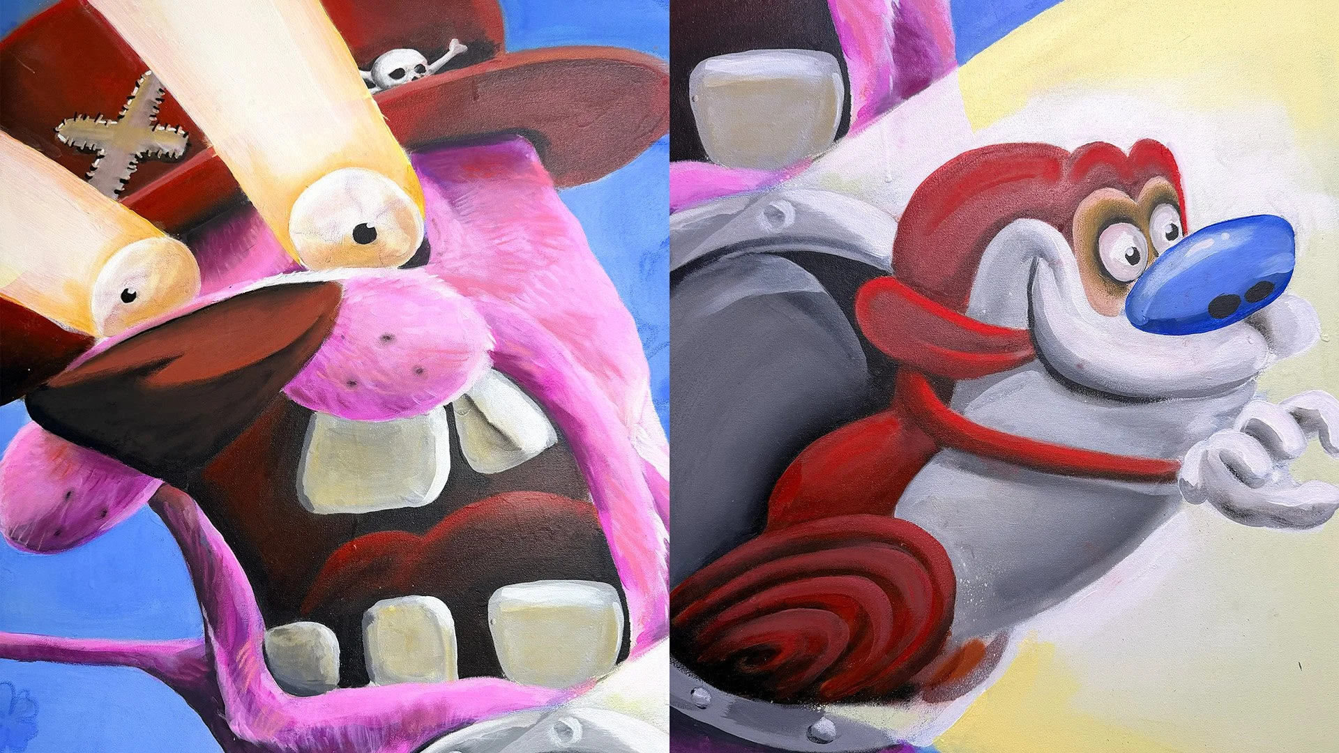 Close-up details of colourful surreal artwork featuring a wide-eyed pink monster and a blue character in a red suit.
