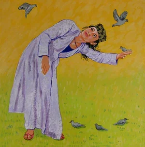 Bird on Hand, Acrylic on Panel, 12" x 12", 2010