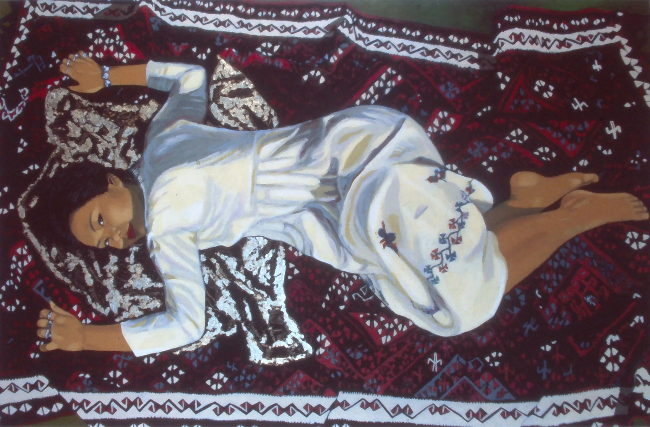 White Dress with Kilim, 65” x 43”, Oil on Canvas, 1994