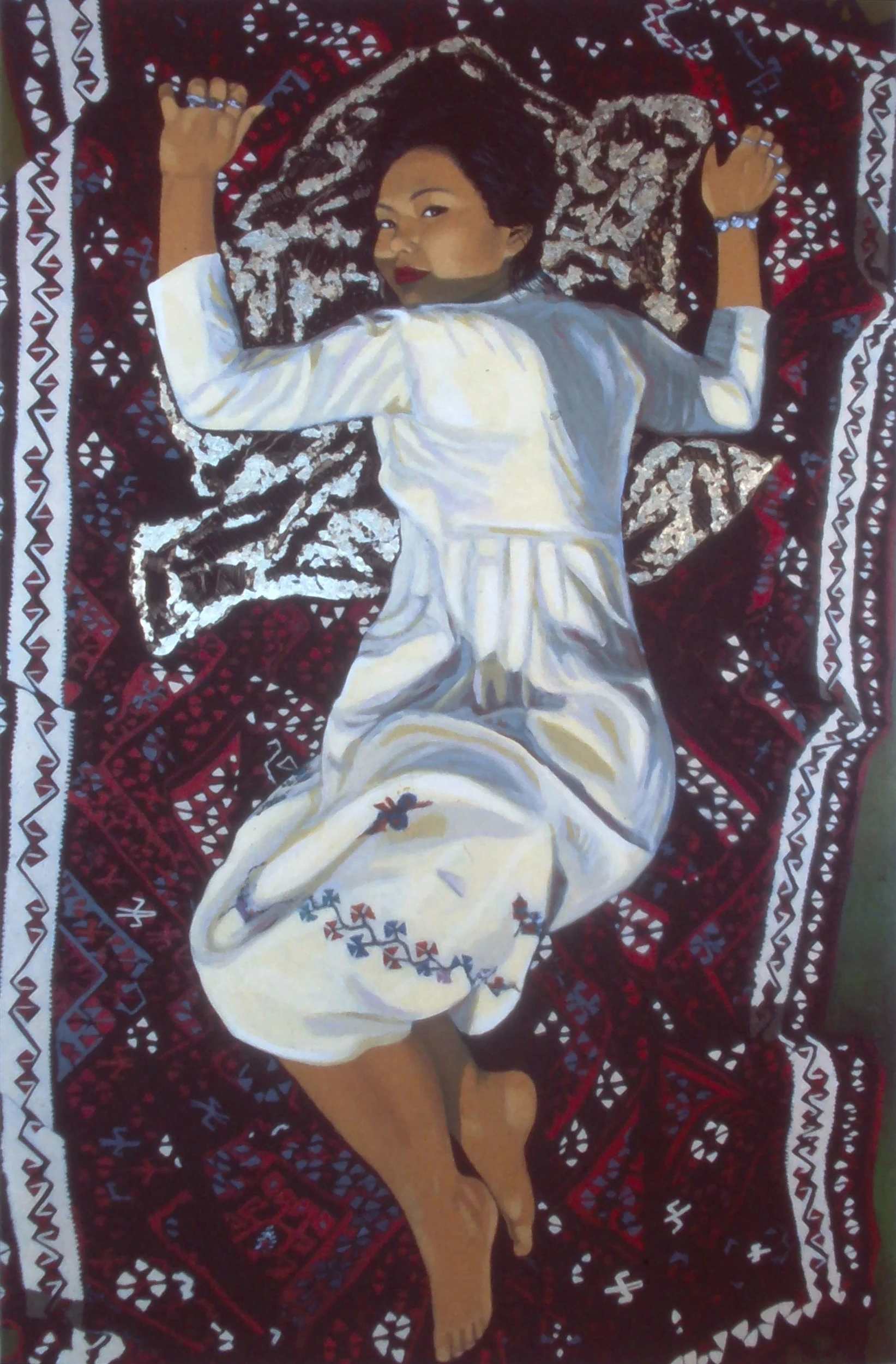 White Dress with Kilim, 65” x 43”, Oil on Canvas, 1994