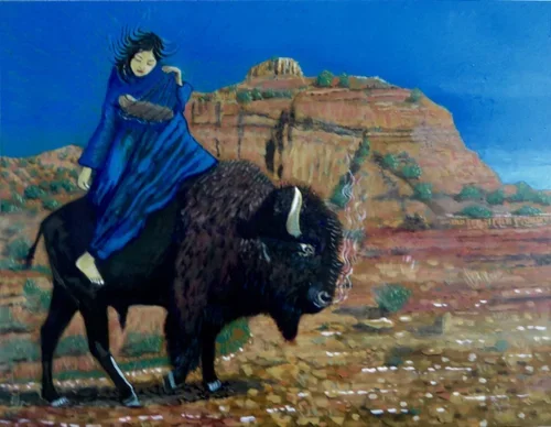 Buffalo and Baby, Acrylic on Panel, 12" x 16", 2015