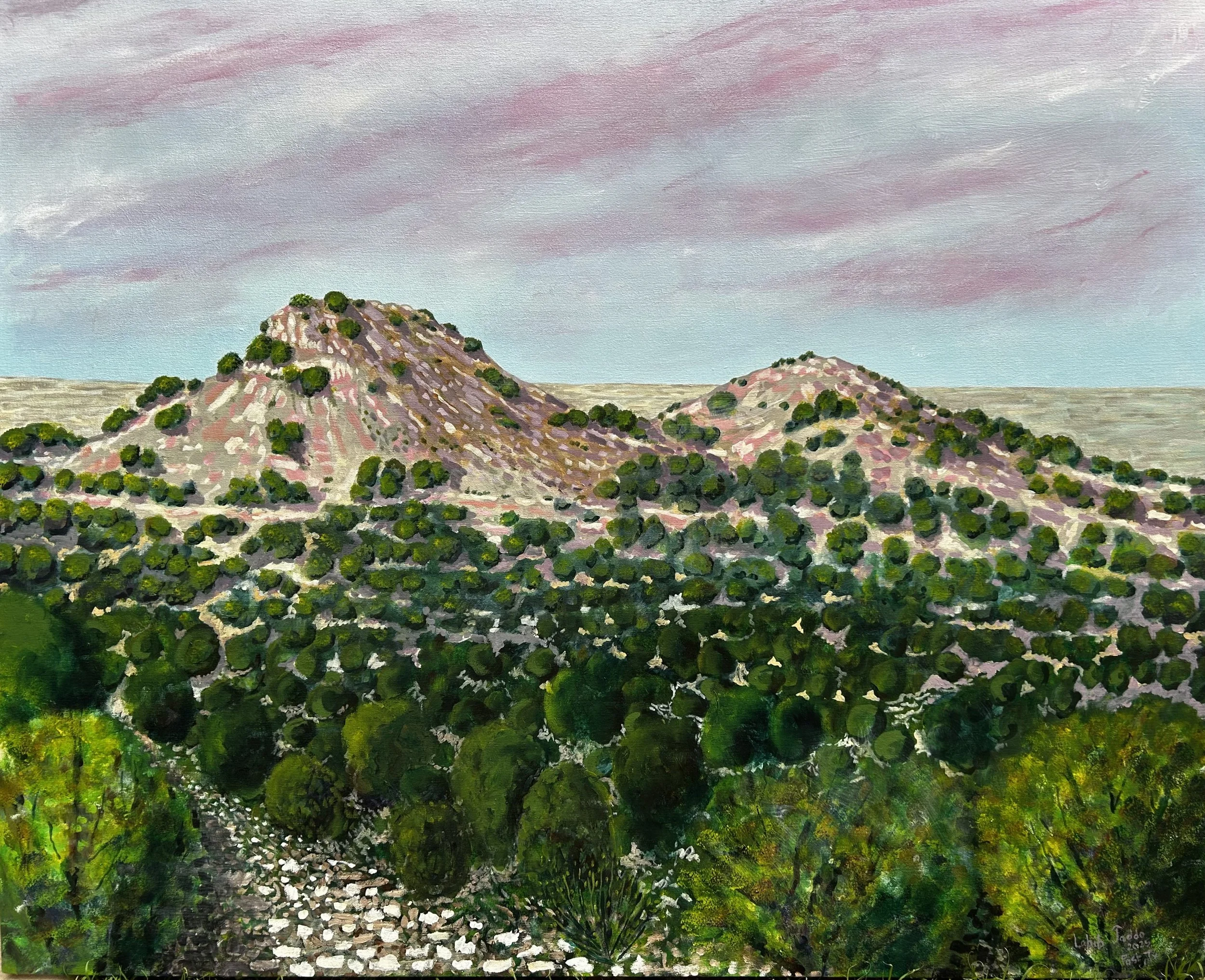 Post Hills With Pink Clouds, 40”x50”, Acrylic on Canvas, 2025