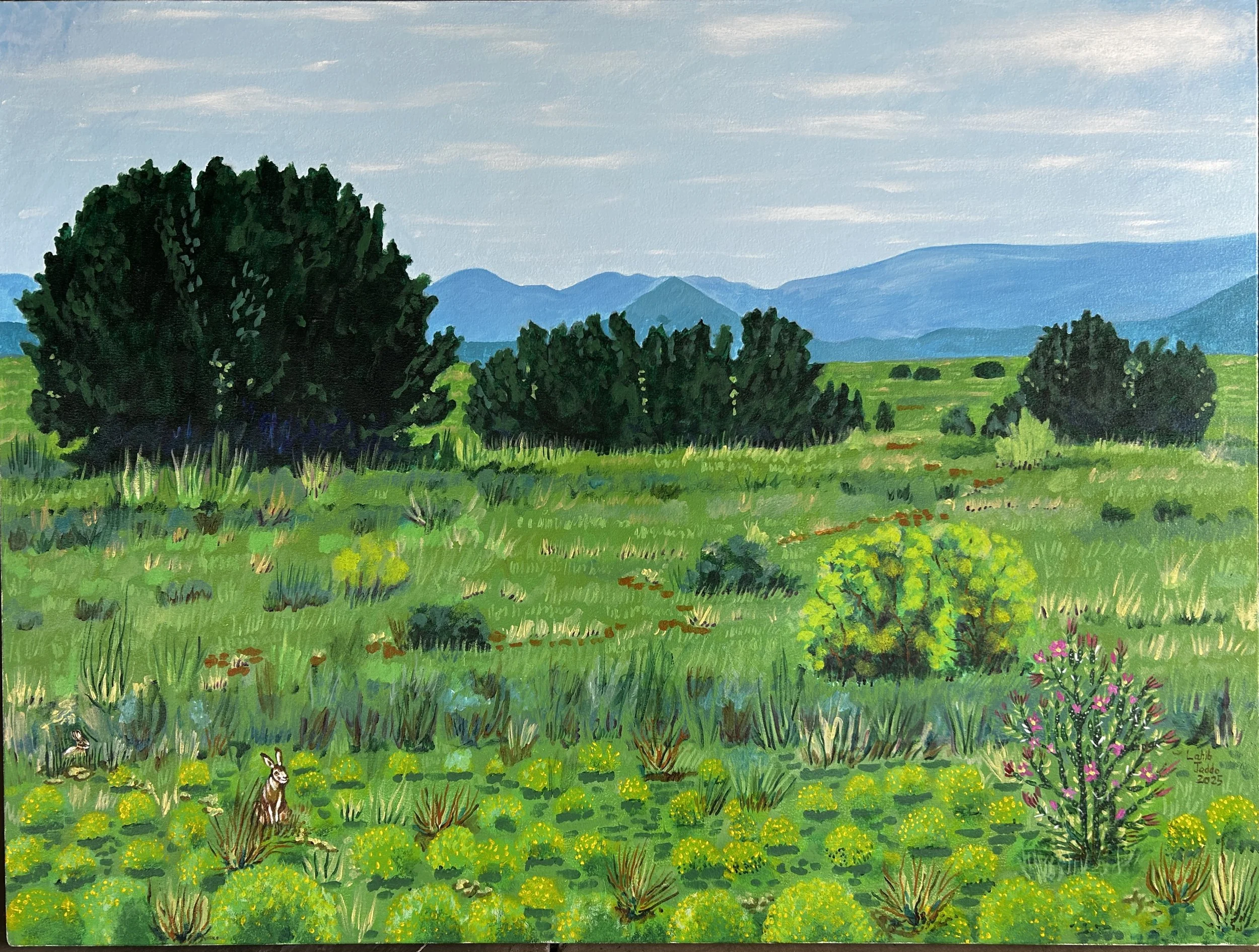 3 Bushes in Lamy, NM, 36”x48”, Acrylic on Canvas, 2025