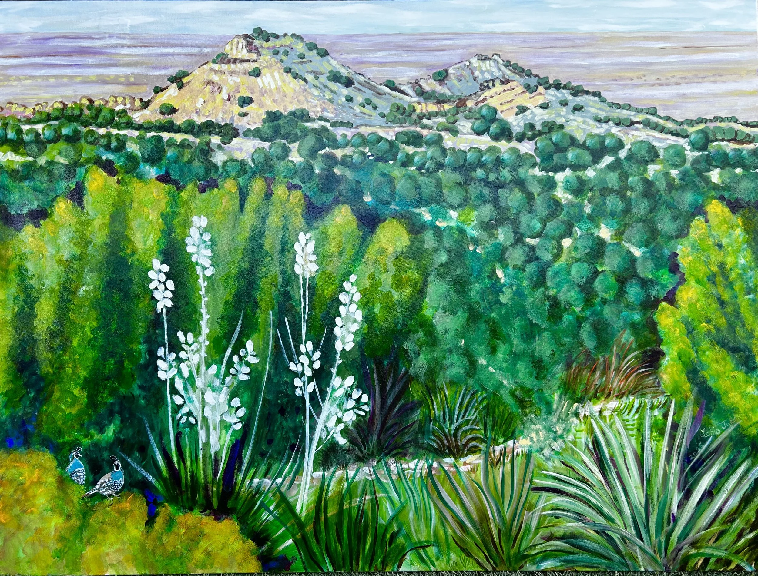 Post Hills With Quail, 40”x50”, Acrylic on Canvas, 2025