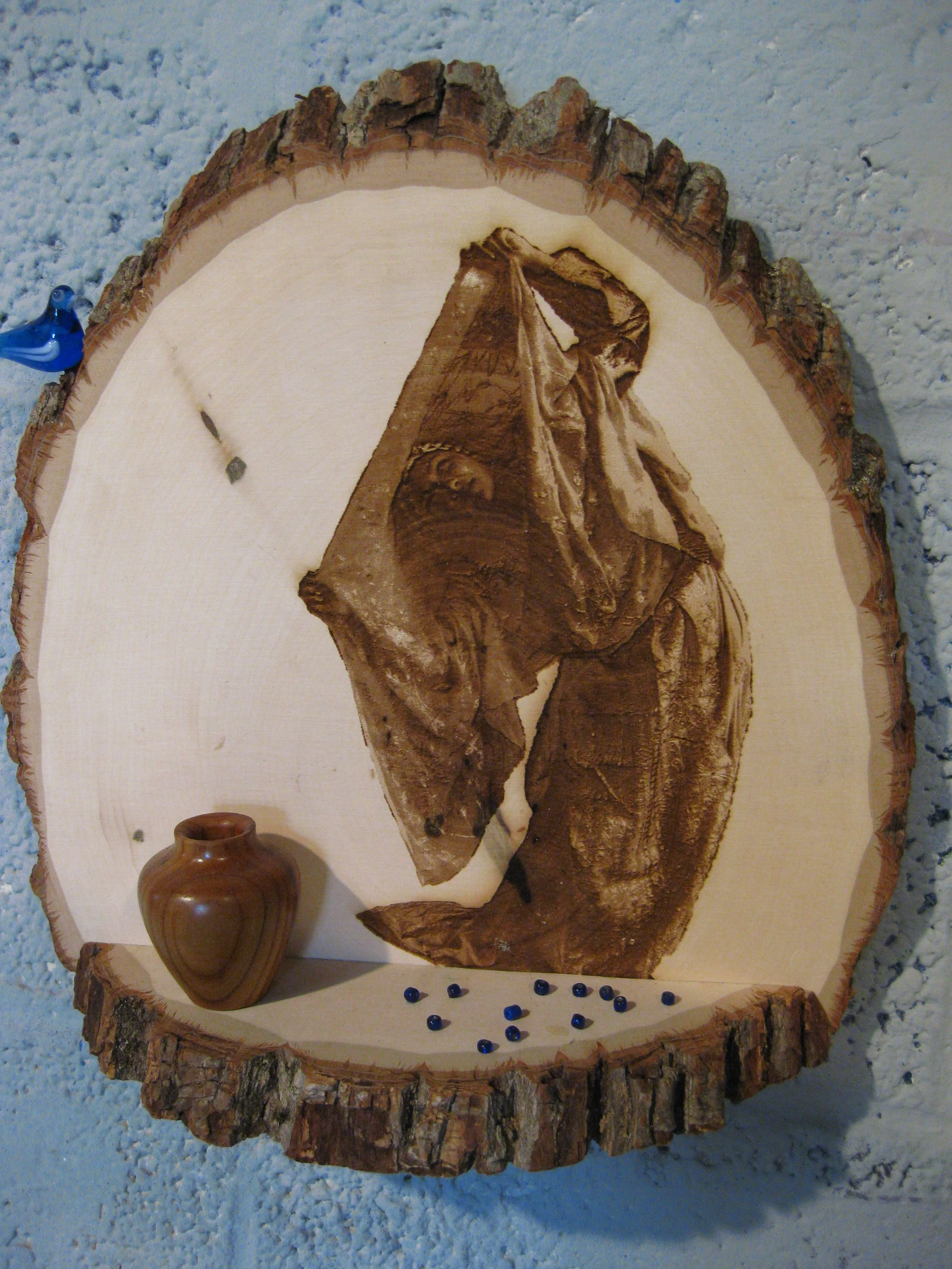 Isabelle with Blue Birds and Urn, 11” x 10” x 3 1/4”, Mixed Media, 2009