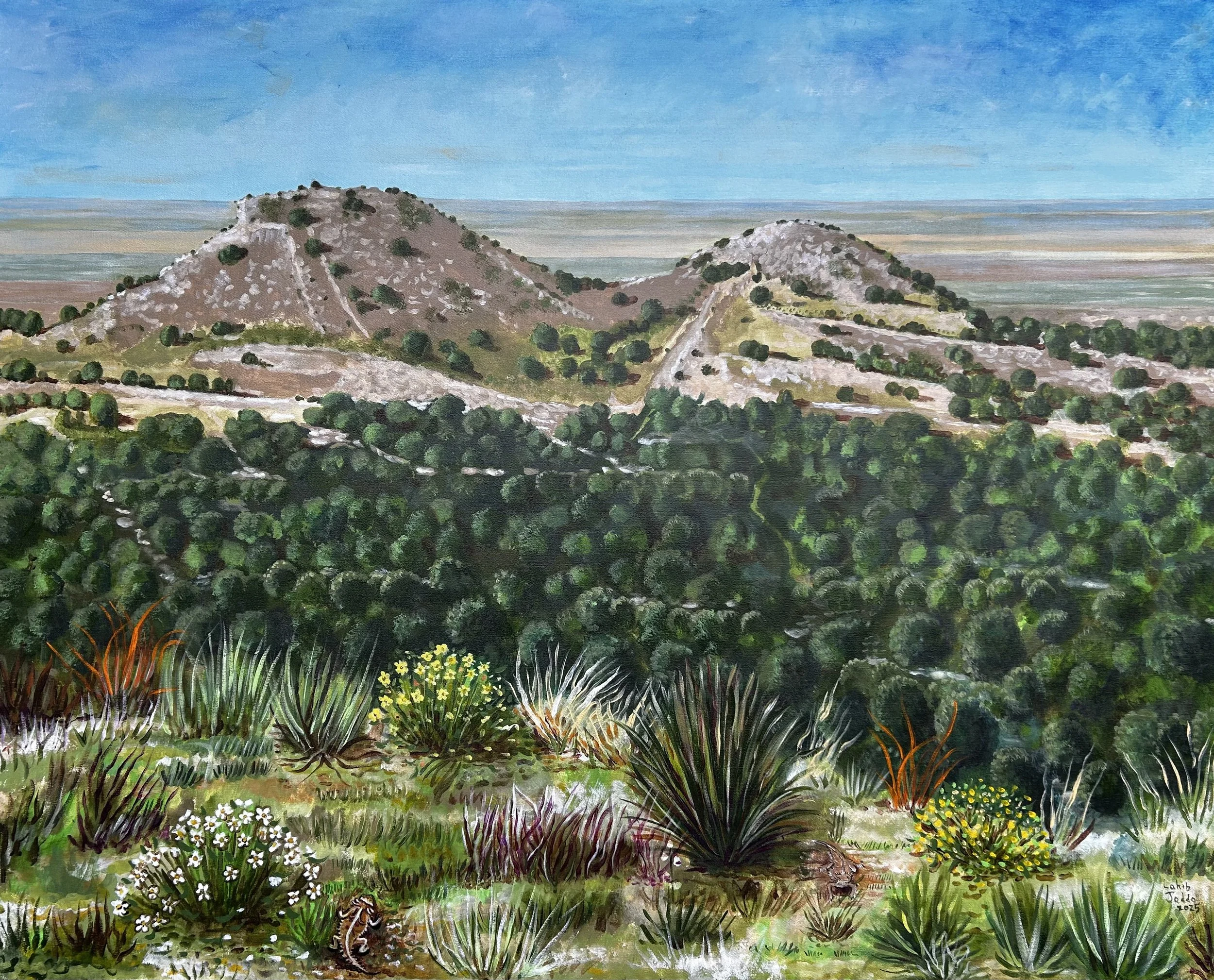 Post Hills With Horn Toads, 40”x50”, Acrylic on Canvas, 2025