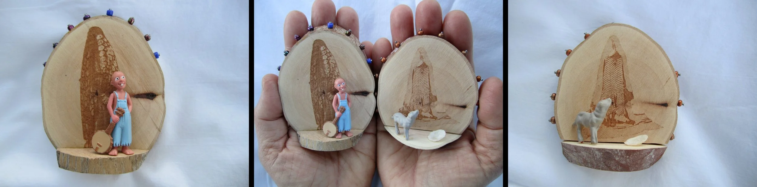 Tiny Altar I; Banjo and Tiny Altar II; Coyote, Mixed Media, 2009