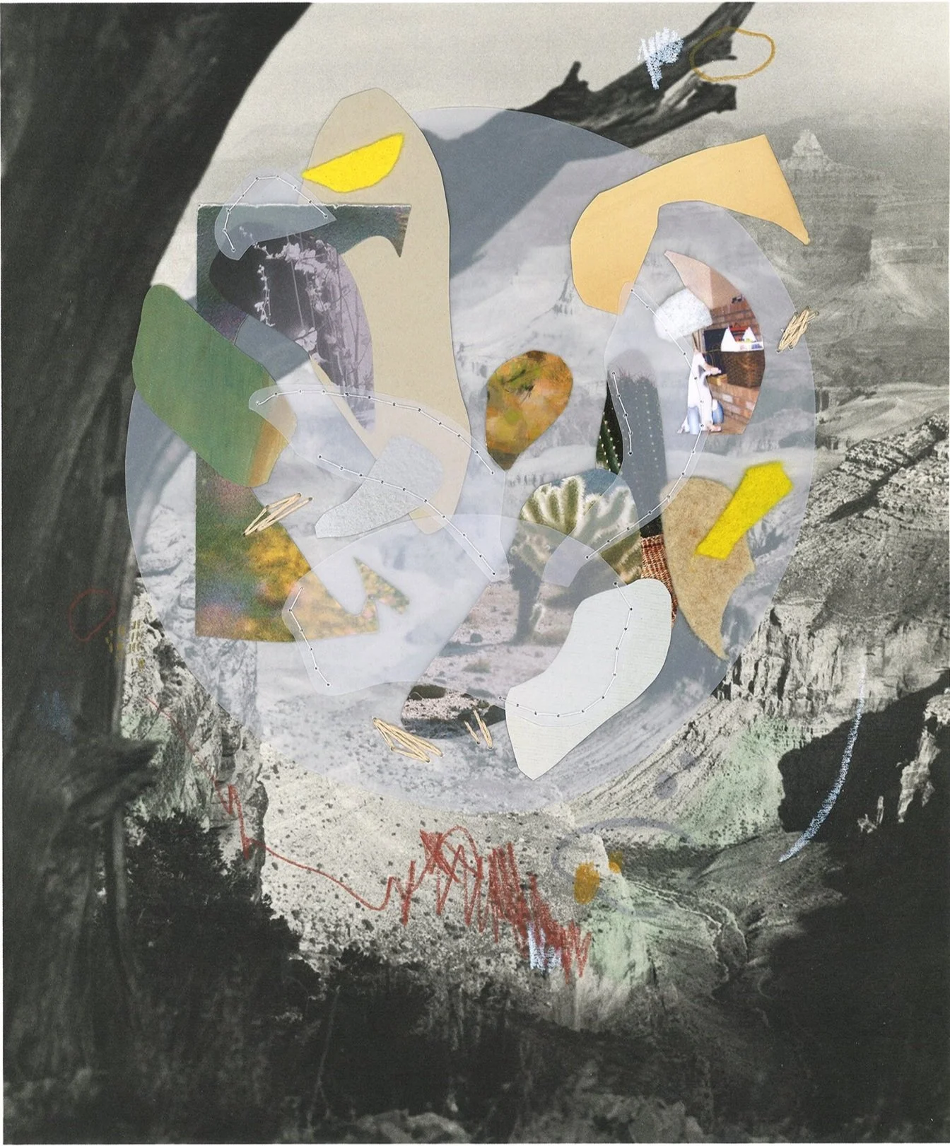 mixed media sewn abstract memory minimal collage on photograph with floating shapes transparency