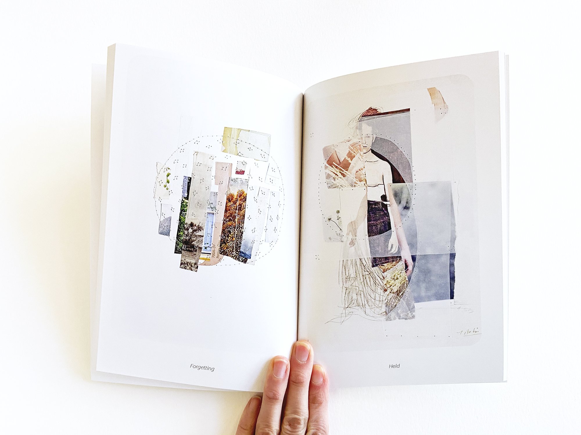 Book page of abstract sewn tender collage art