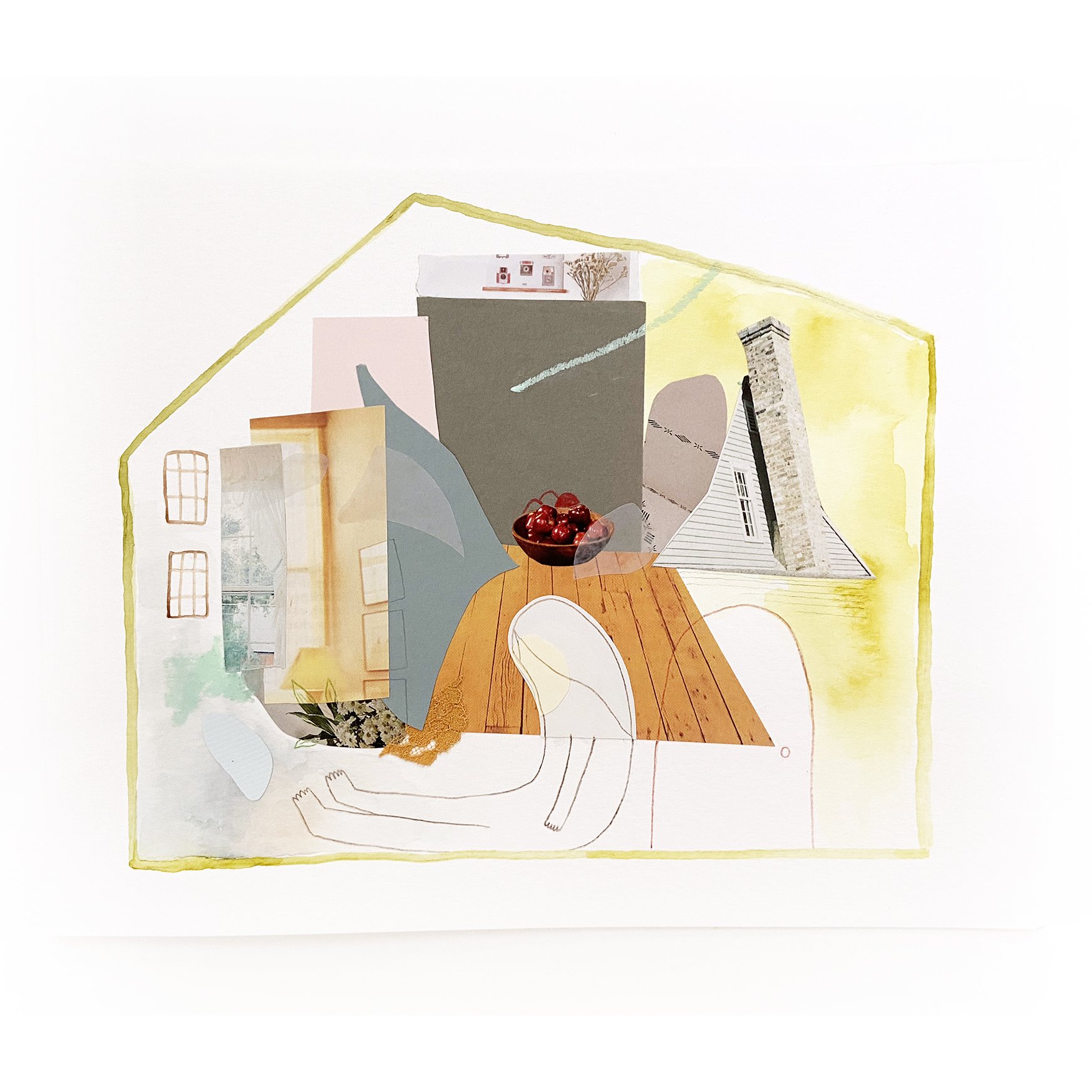 Abstract mixed media illustration of person in house