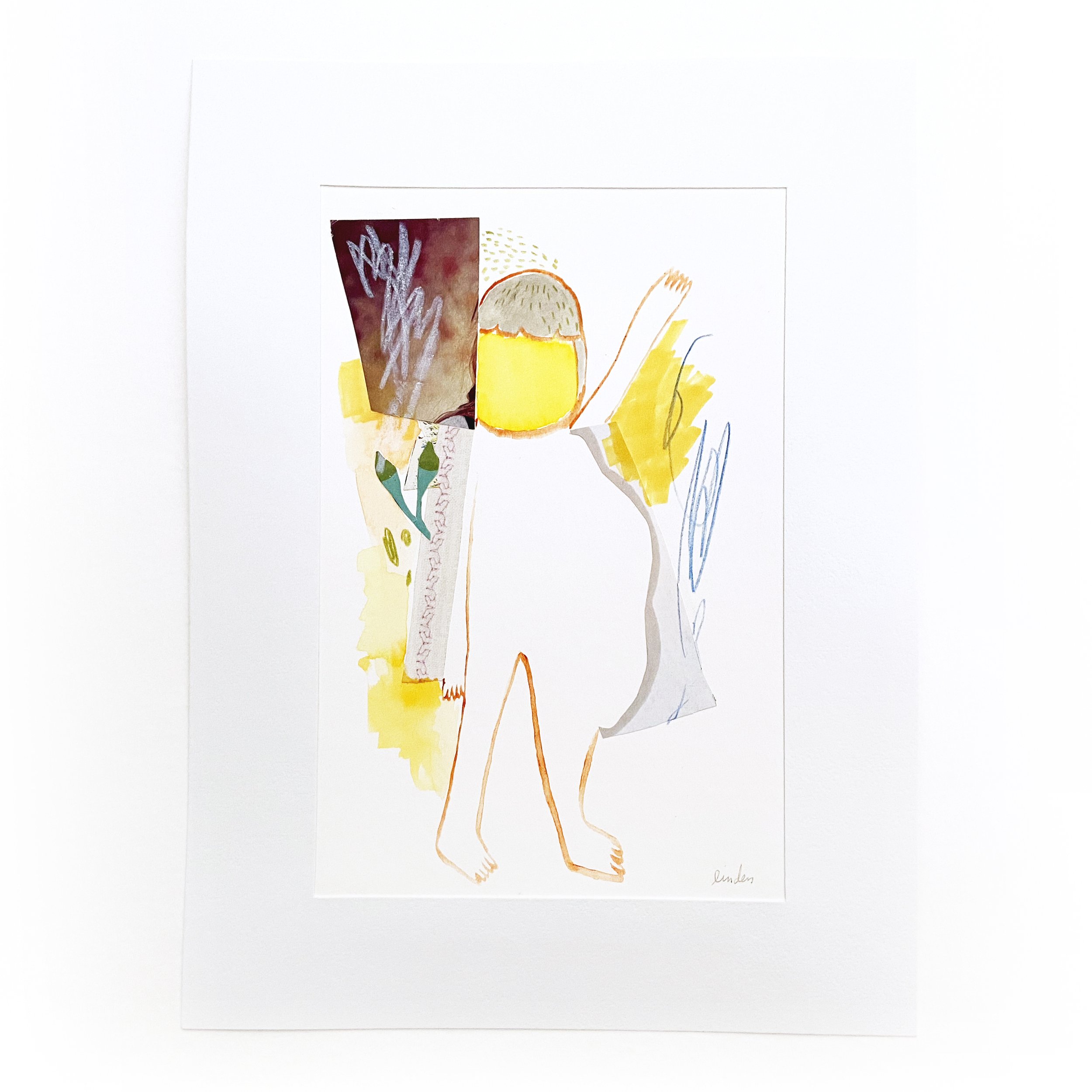 Yellow playful abstract figurative illustration with collage