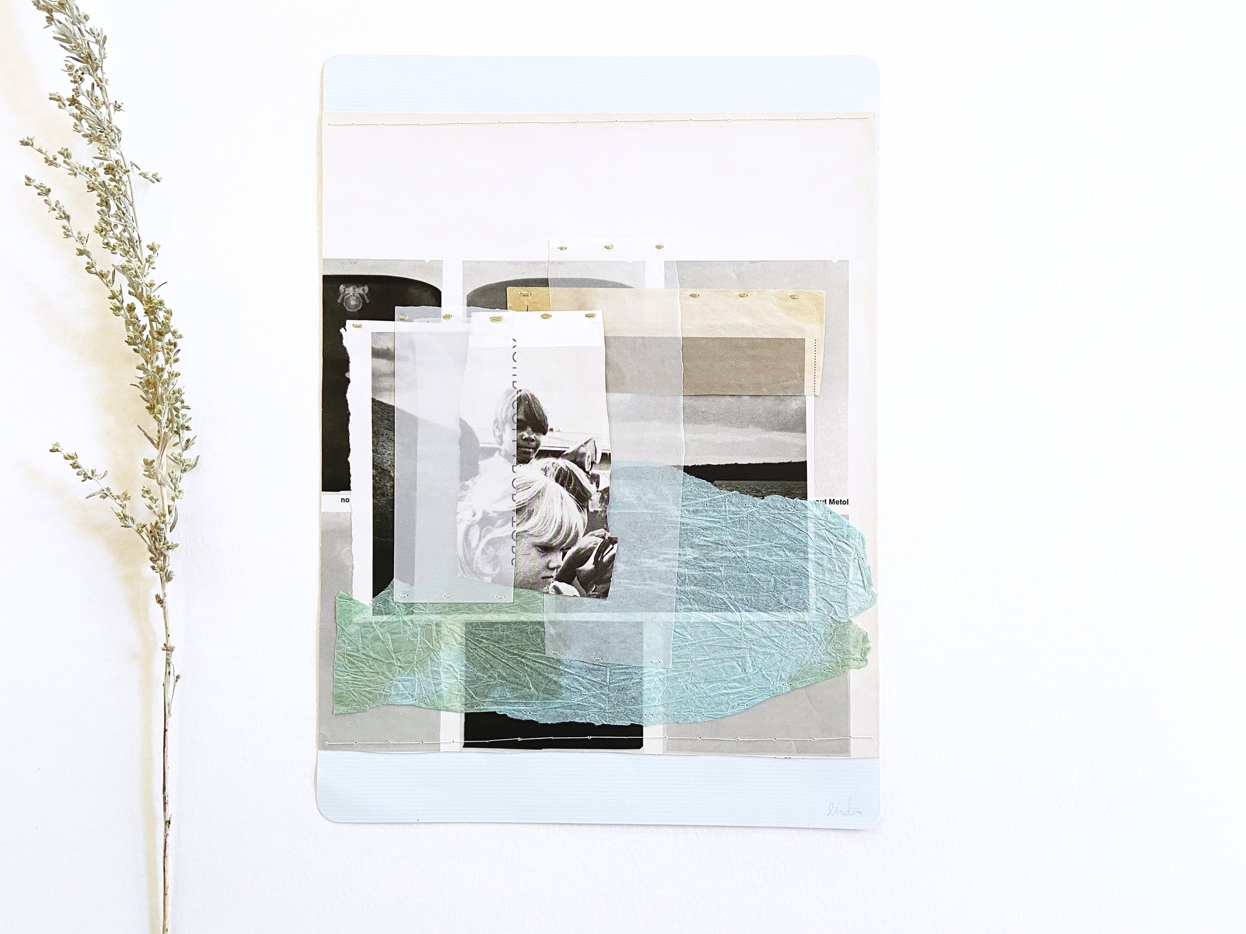 Abstract blue sewn collage with kids