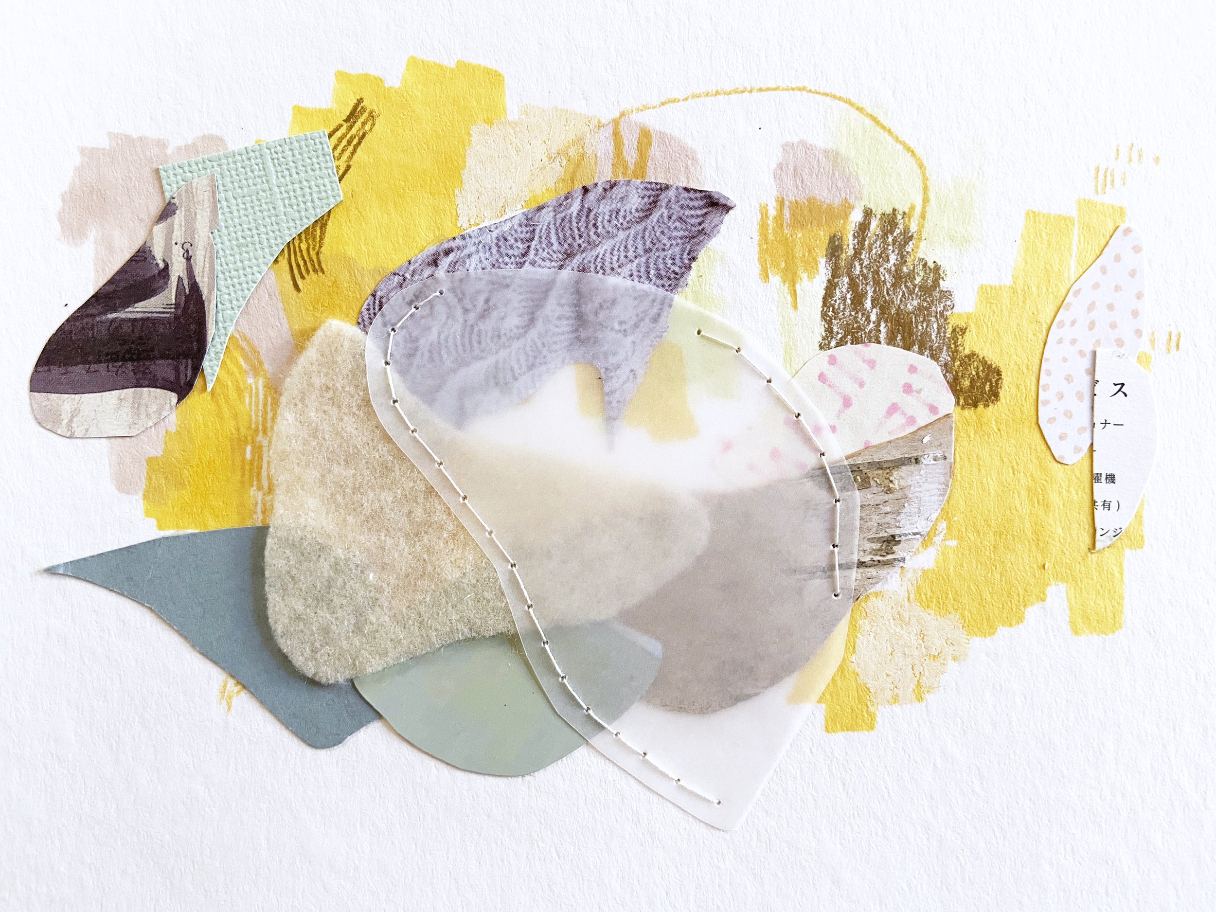 Mixed media abstract artwork on paper with yellow