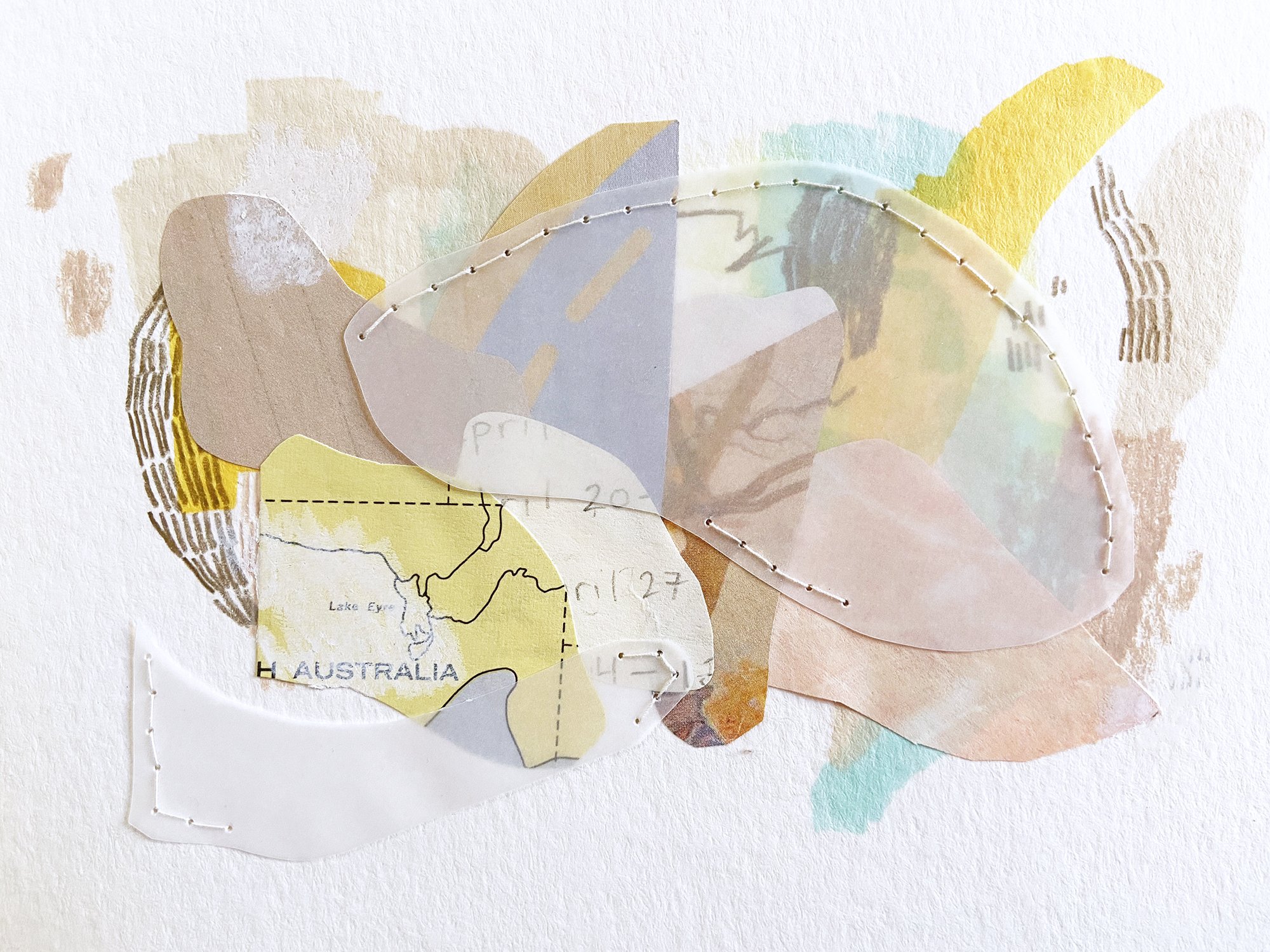 Abstract sewn gentle collage art with Australia map