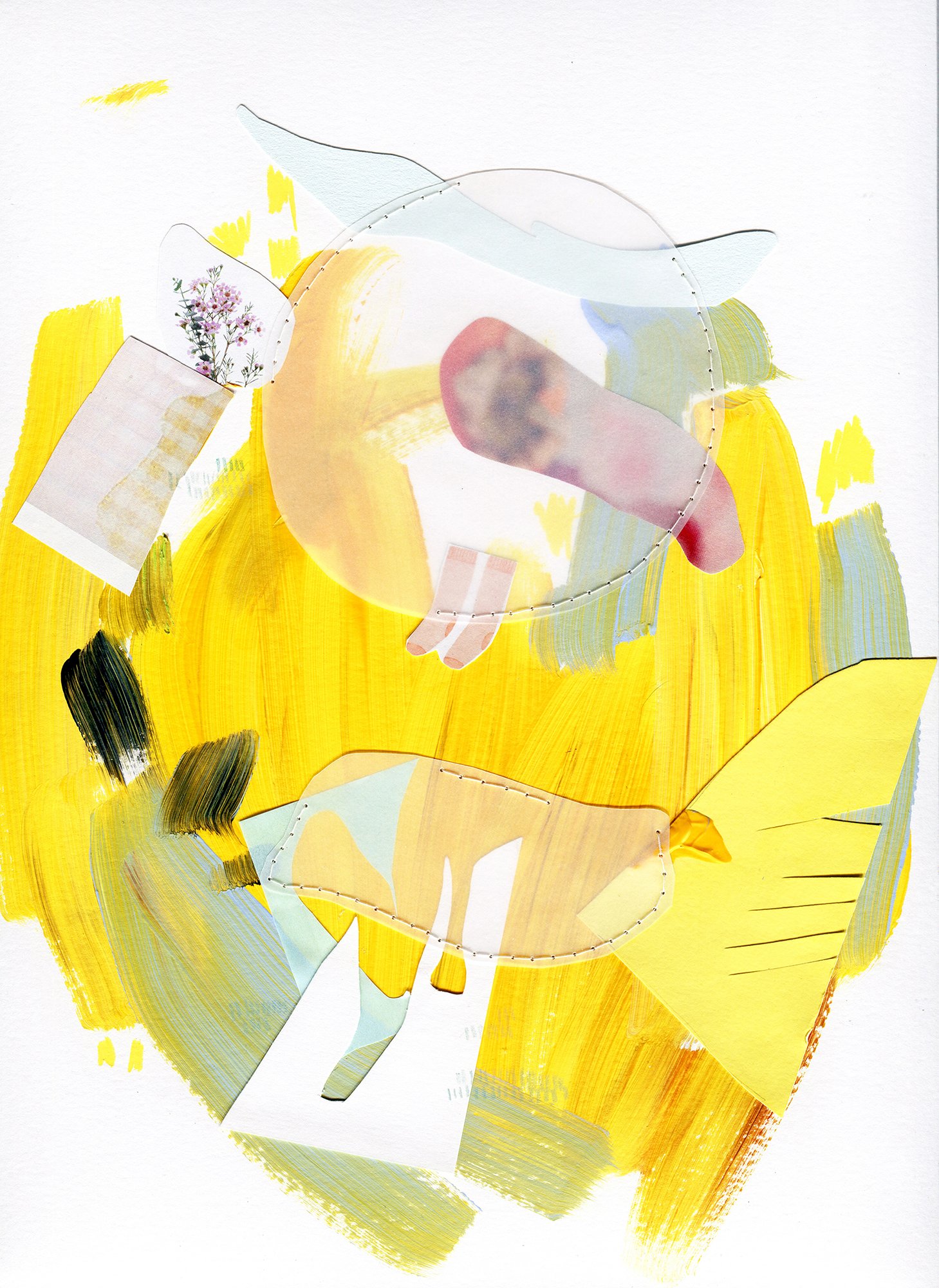 Mixed media abstract artwork on paper with yellow