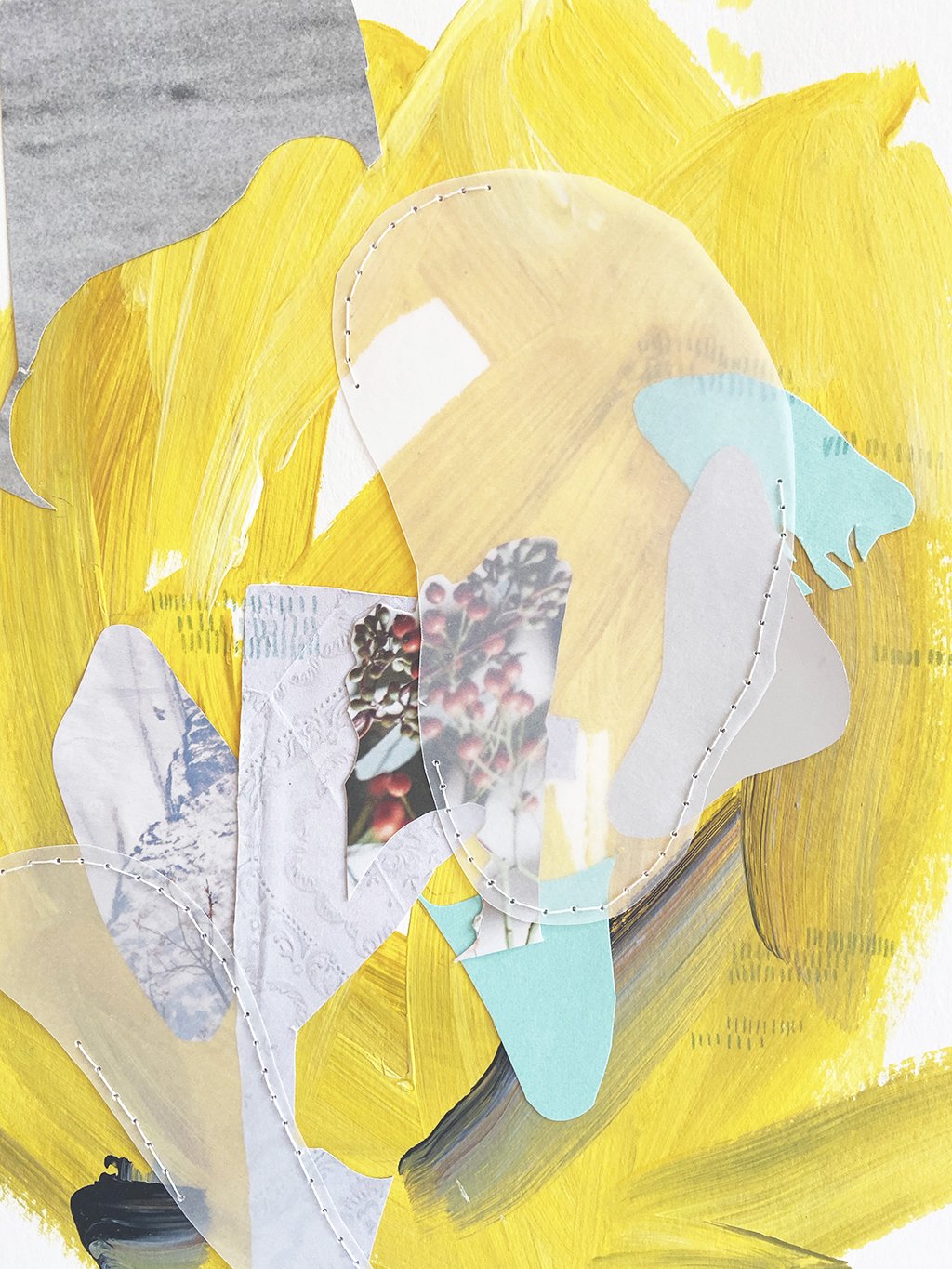 Yellow contemporary art with collage flowers