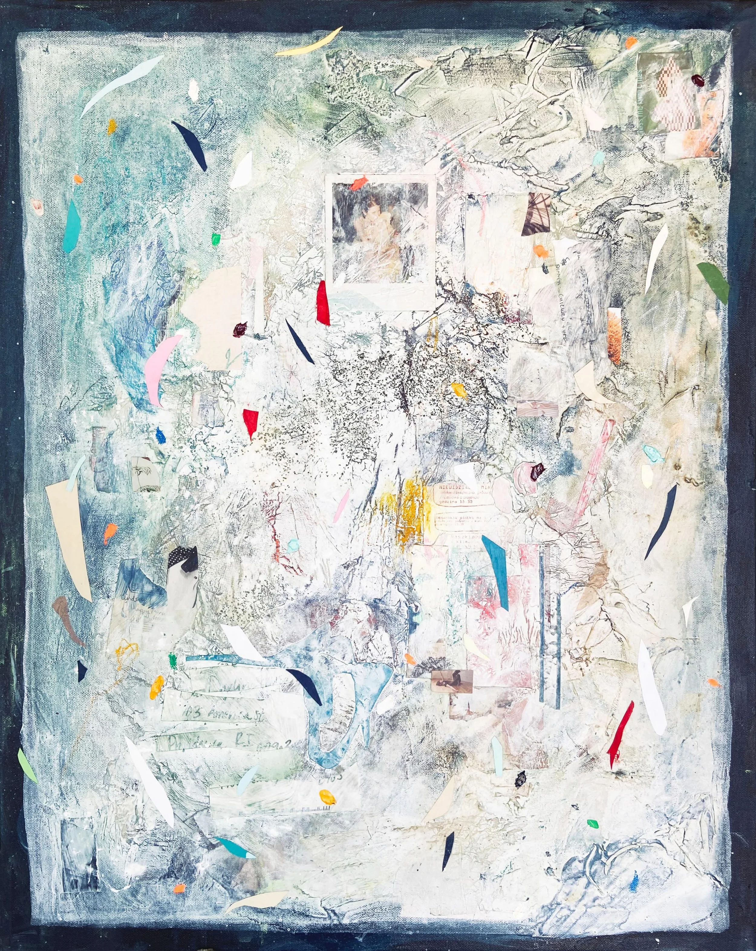 Today is one of my dearest friend&rsquo;s day of birth. I made this painting after her death last summer. It has particles from mail we had sent each other, fragments from her desk, coffee grounds, wine, and a photograph from when we shared a loft to